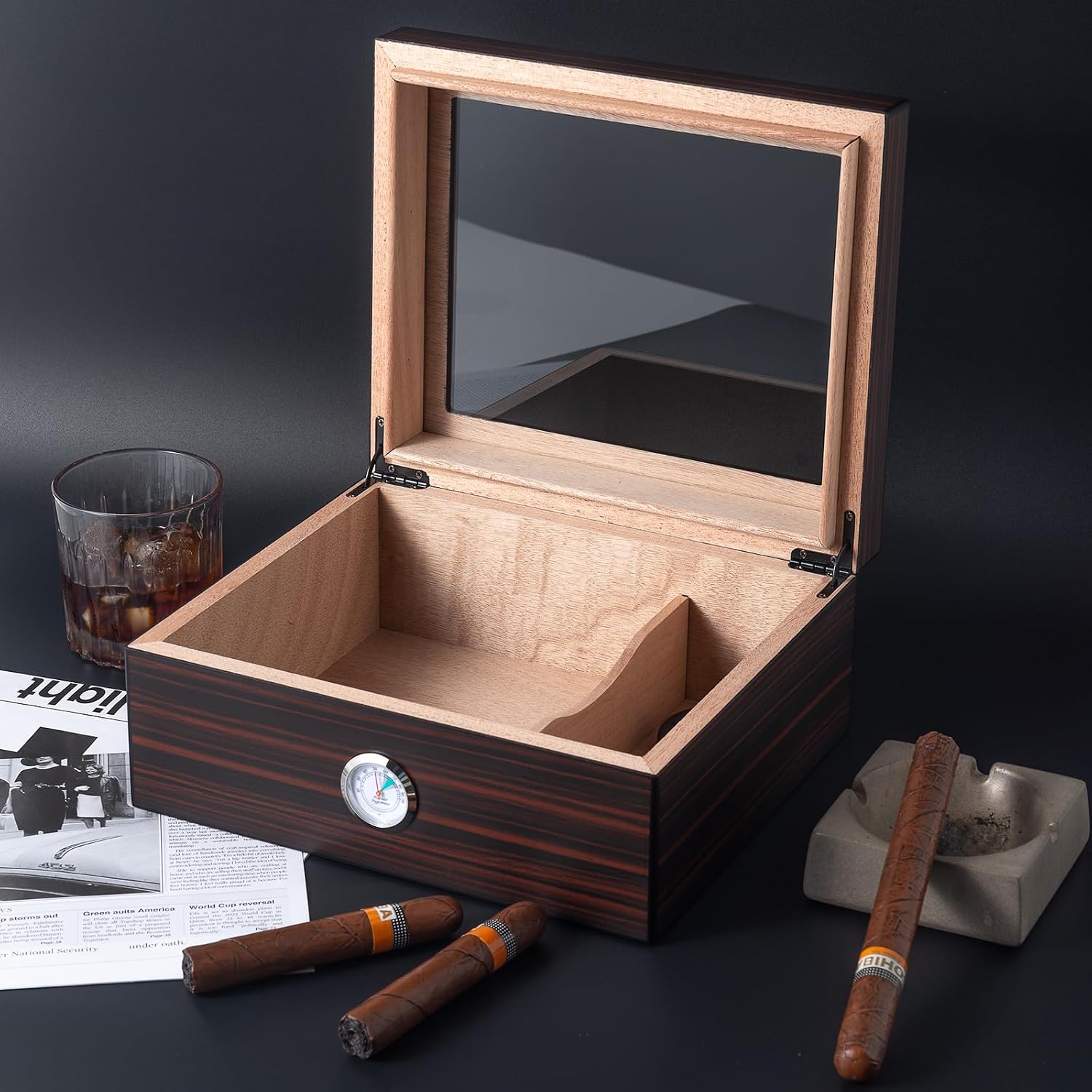 Cigar Humidor,Cigar Case Holds 40-50 Cigars,Modern Glass Top Cedar Humidor Cigar Box with Hygrometer, Humidifier,Handcrafted Cedar Wood Tray and Divider(Ebony)