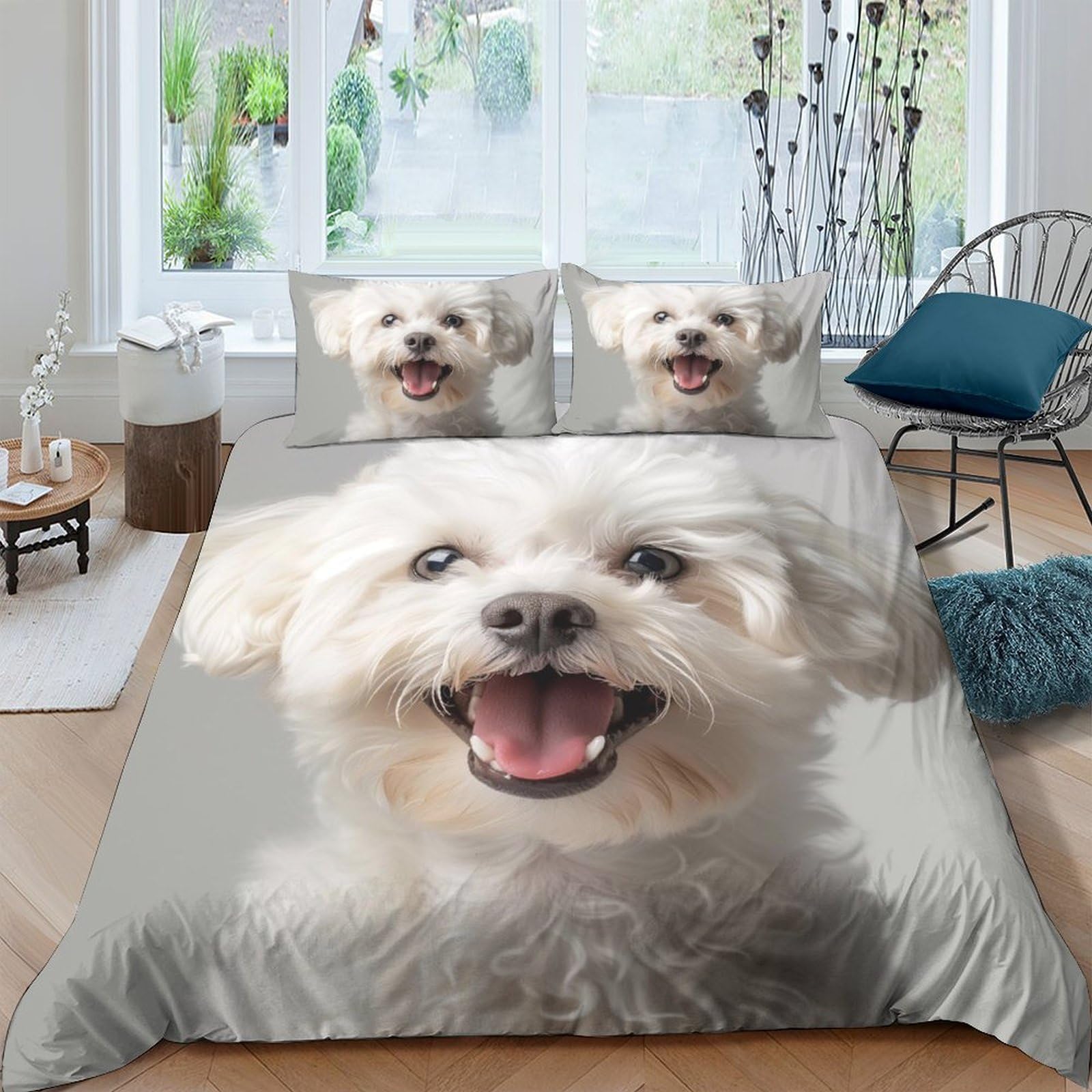 Ctjqhvkz Style-9 3D Printed White Dog Fitted Sheet Microfiber Soft Breathable Puppy Smile Bed Cover For Bedroom Guestroom Dorm Decor Single（135X200cm）