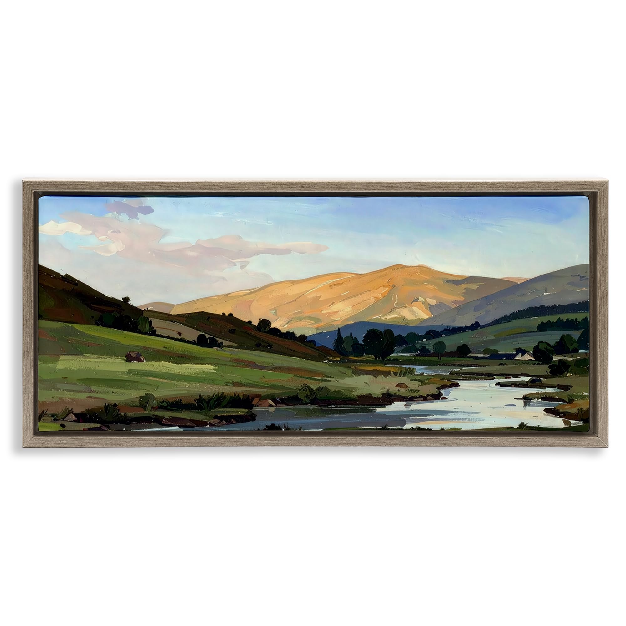 Stupell Industries 'Across The Valley Landscape', Floating Frame Canvas Art, Brown, 31 x 14 Inches, Easy to Hang and Sturdy, Made in USA, by Alonza Saunders