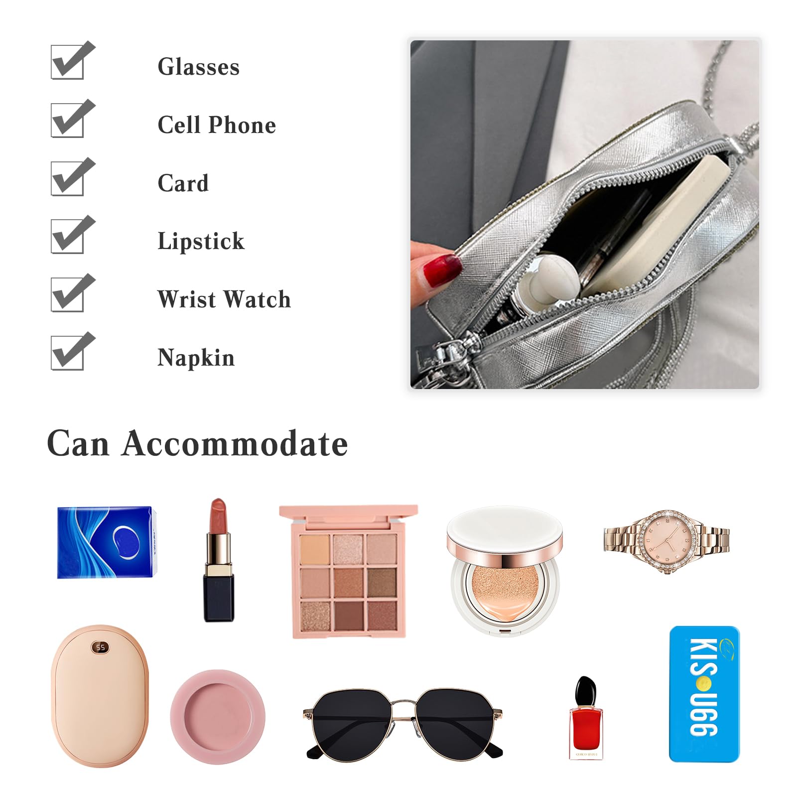 CORIOS Damen Herzform Abendtasche Strass Clutch Tasche Abnehmbarer Kette Handtasche Glitzer Schultertasche Elegant Umhängetasche Klein Tasche für Abendparty Hochzeit Silber