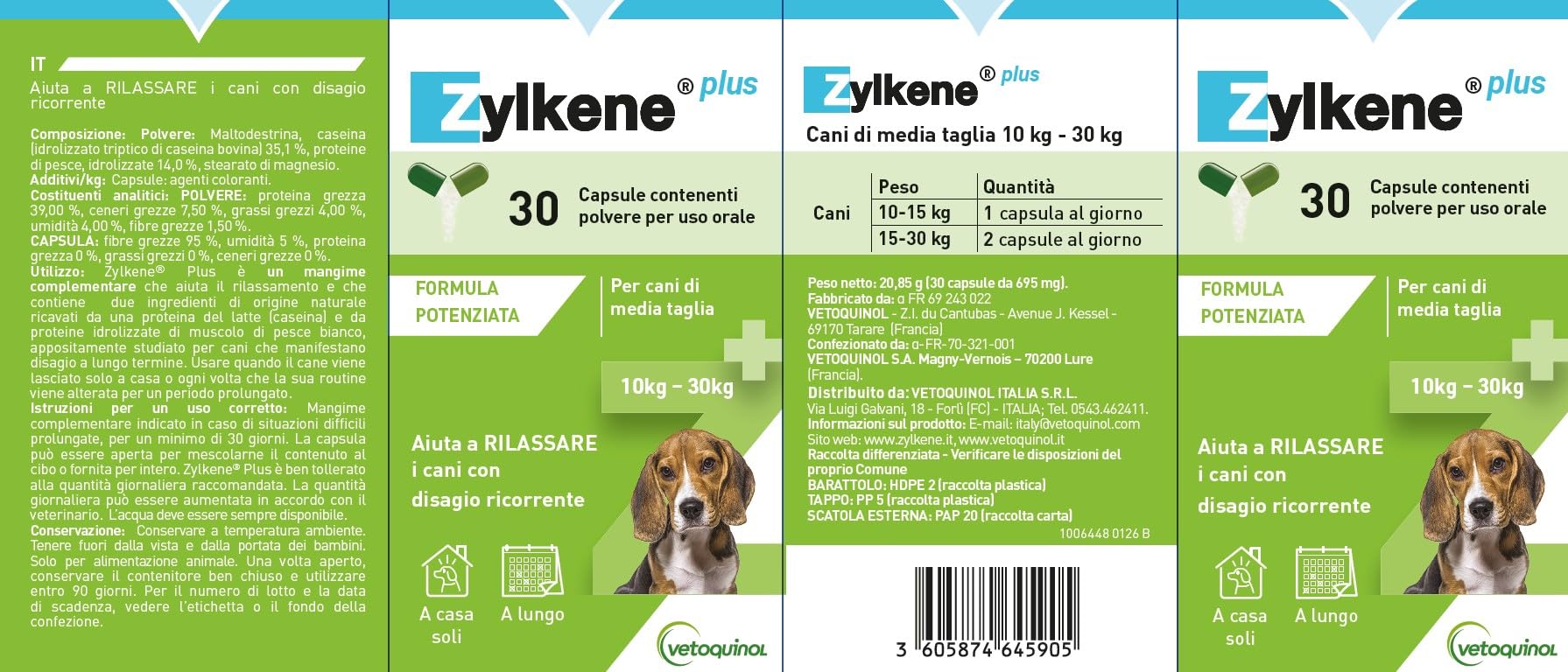 Zylkene Plus Mangime Complementare | Cani di taglia media (10-30 kg) 225 mg | Promuove il rilassamento nelle situazioni di disagio nel lungo termine: Soli a casa, Nuovi animali e neonati | 30 capsule