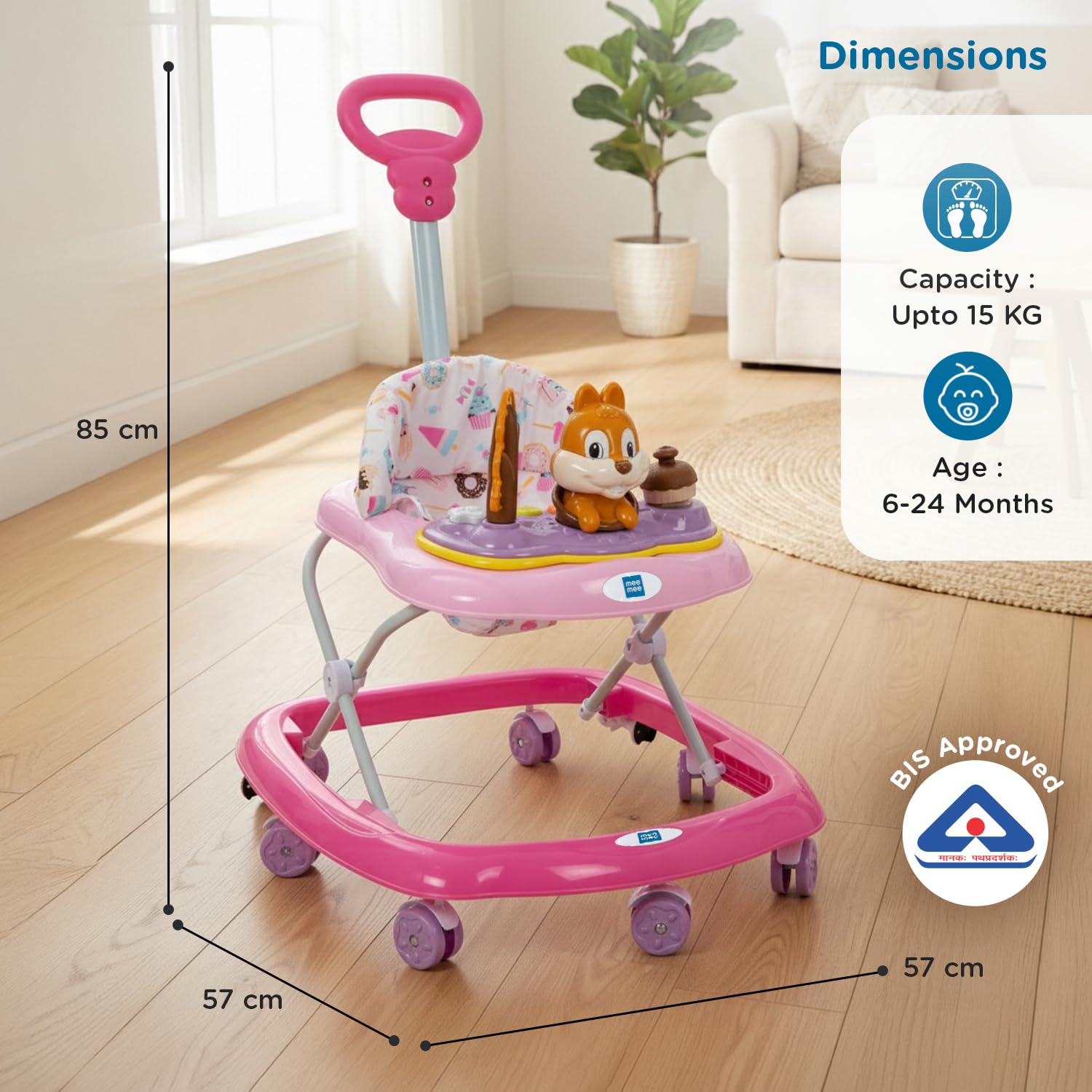 Mee Mee Rabbit Baby Activity Walker with Musical Toy & Feeding Tray | 3 Height Adjustable | Safety Stopper & Lights | Foldable Walker for 6β24 Months | Up to 15 kg | Pink