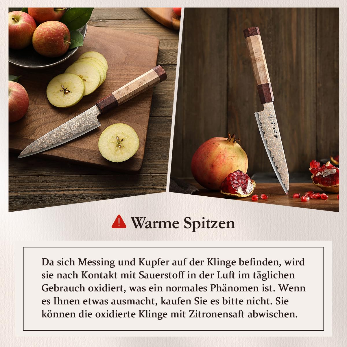 HEZHEN Kupfer Damaststahl Universal Messer，Damaskus Schälmesser Multifunktionales Obstmesser, Achteckiger Griff aus Figaro Bergahorn Holz+ Padauk-Maserholz