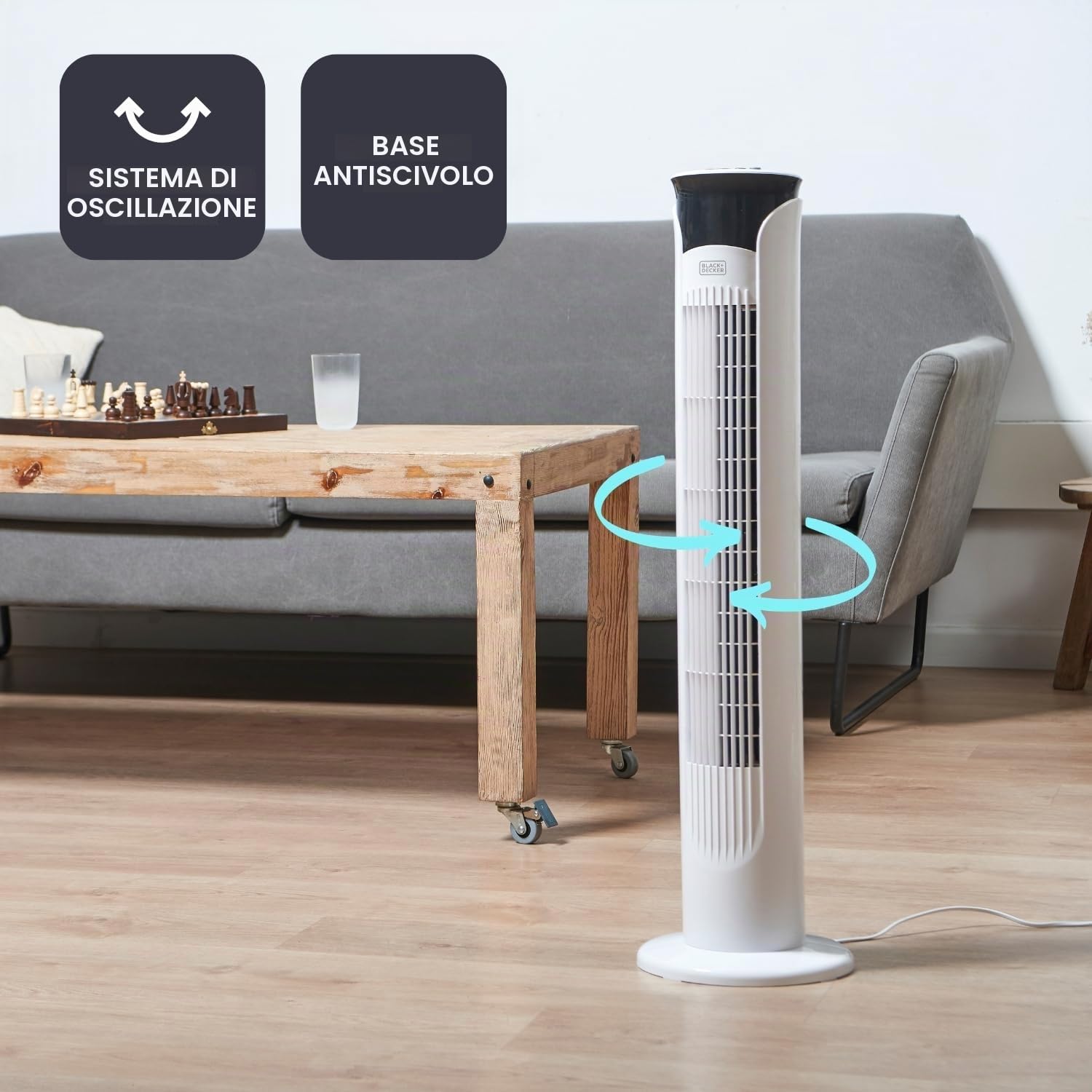 BLACK+DECKER - Ventilatore a torre 45W BXEFT47E | 81 cm | Oscillante e silenzioso | 3 velocità | Timer 2h | Base antiscivolo | Maniglia | Flusso d'aria potente | Bianco