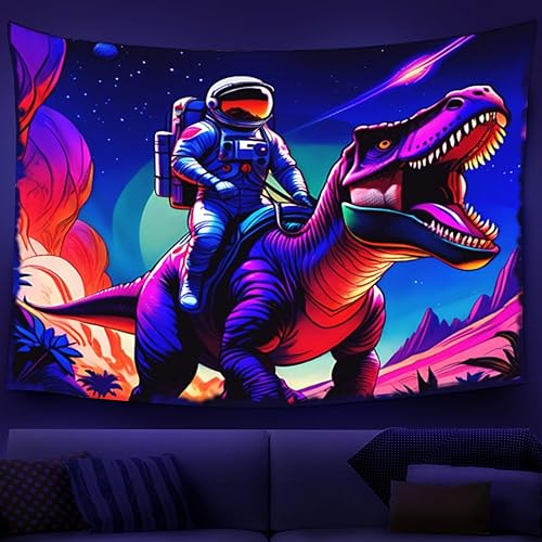 Dogtesl Tapiz de luz negra, tapiz de dinosaurios de astronauta espacial, reactivo a los rayos UV, universo de galaxia, extraterrestre que brilla en