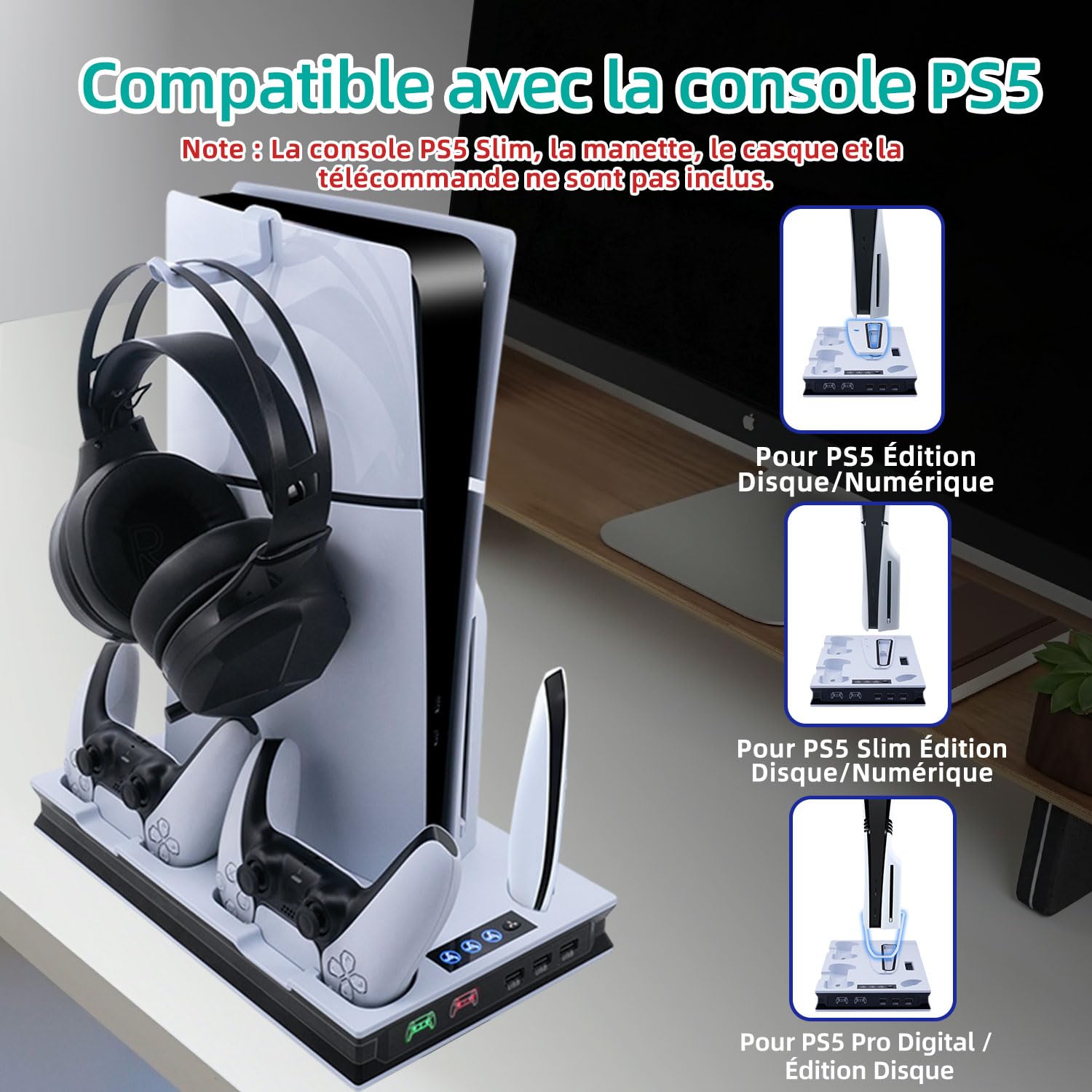 Support de Refroidissement pour PS5 Pro, PS5 Slim UHD/Digitial Edition Ventilateur Station de Refroidissement, Chargeur Manette, avec Support de Casque, 3 USB - Blanc