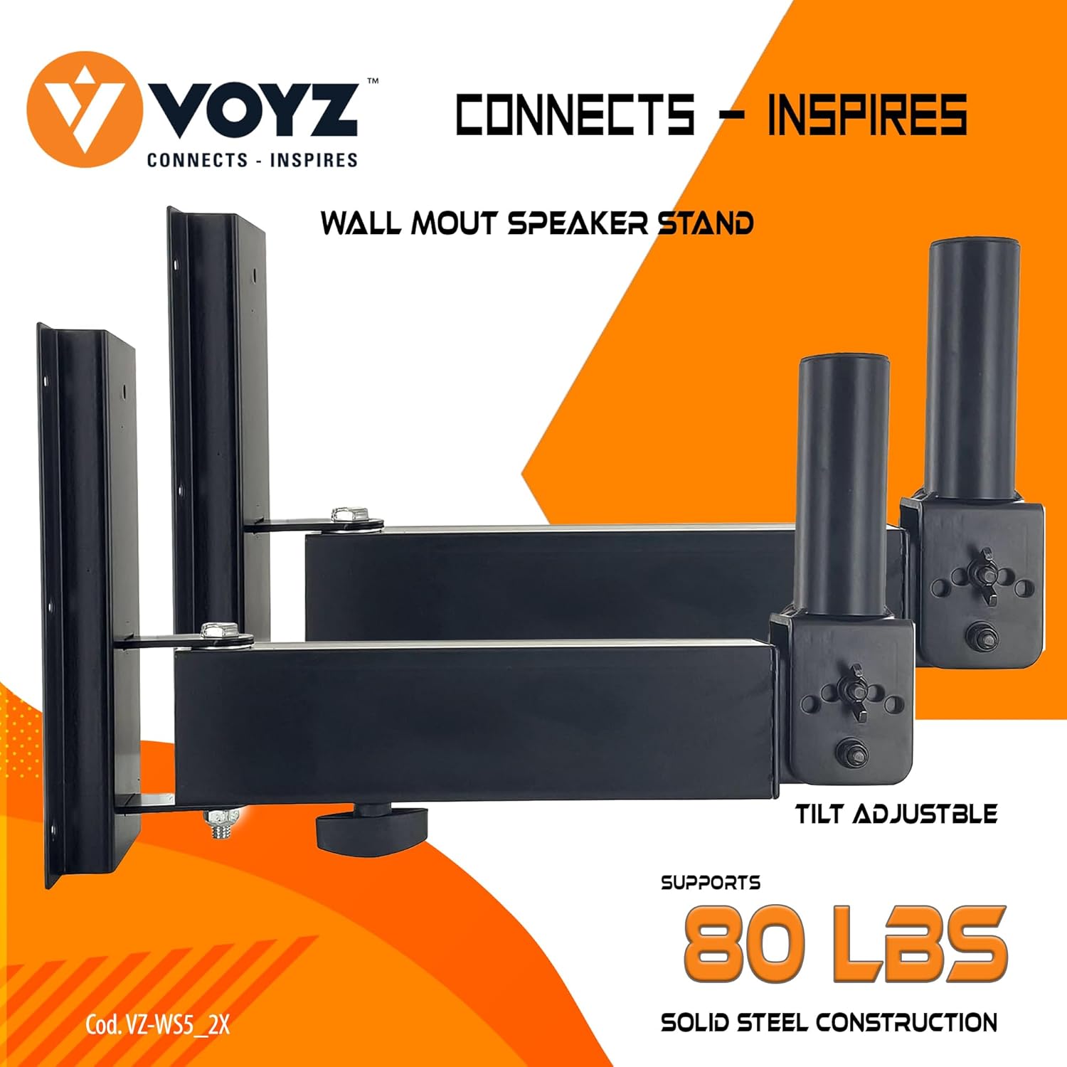 VOYZ Extendable Wall Mount Speaker Stand 90°-30° Angle Tilt, Rotation Adjustment & Solid-Steel Pin Serves as Safety-Stop Mount Speaker Bracket Stands-Dual Universal Adjustable - Solid Steel (2)