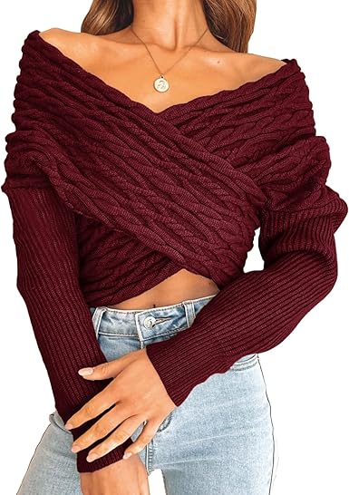 BTFBM Women Casual V Neck Long Sleeve Sweaters Cross Wrap Front Off Shoulder Asymmetric Hem Knitted Crop Solid Pullover