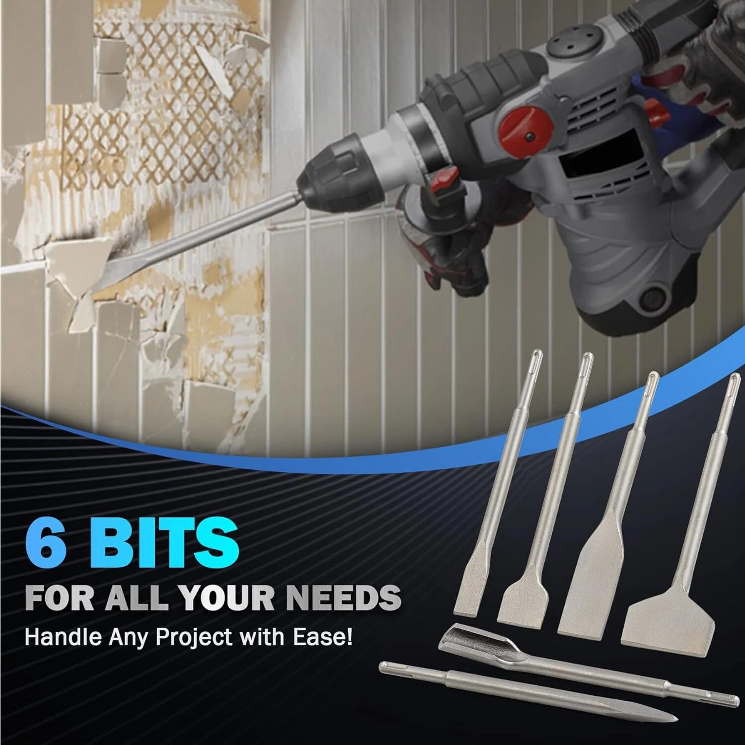 Juego de 6 cinceles SDS Plus de acero 40Cr para martillo rotativo para mampostería y hormigón, para azulejos, ranurado, raspado, cinceles de escala de punta plana