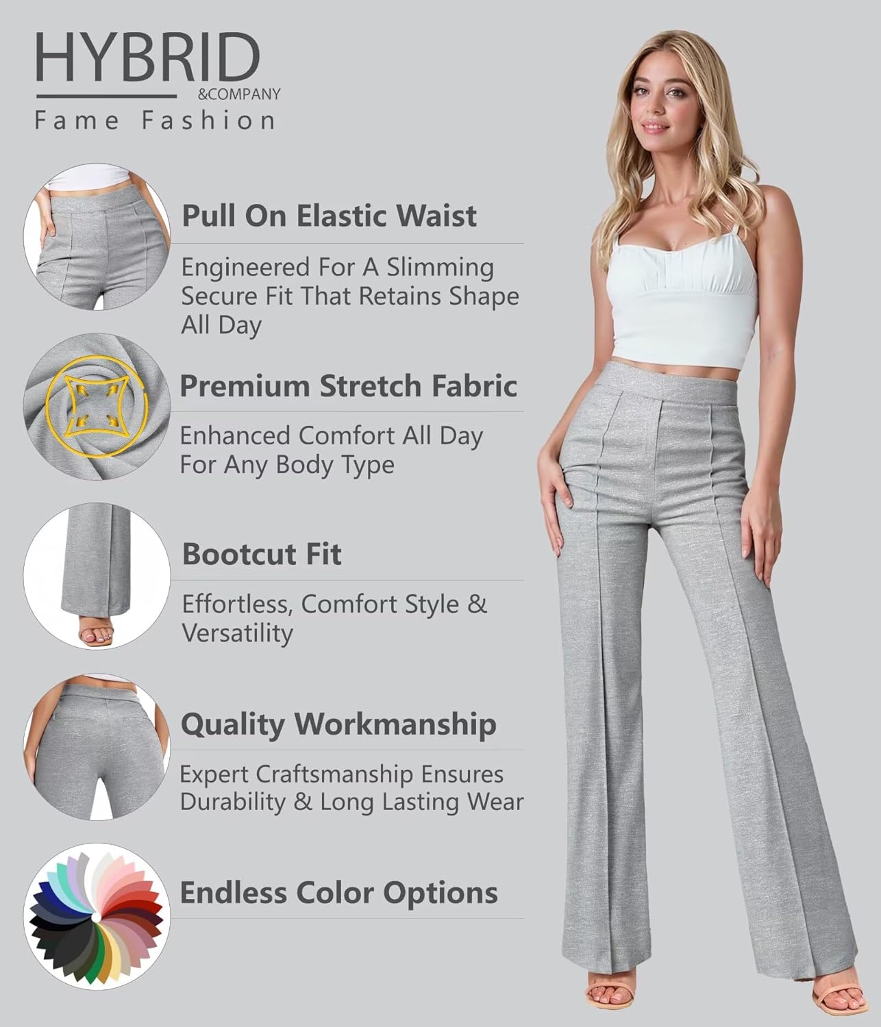 Hybrid & Company Women’s Ultra Stretch Ponte Bootcut Dress Pants – Sleek Pintuck, Pull On, Faux Pockets– Office & Casual - Image 2