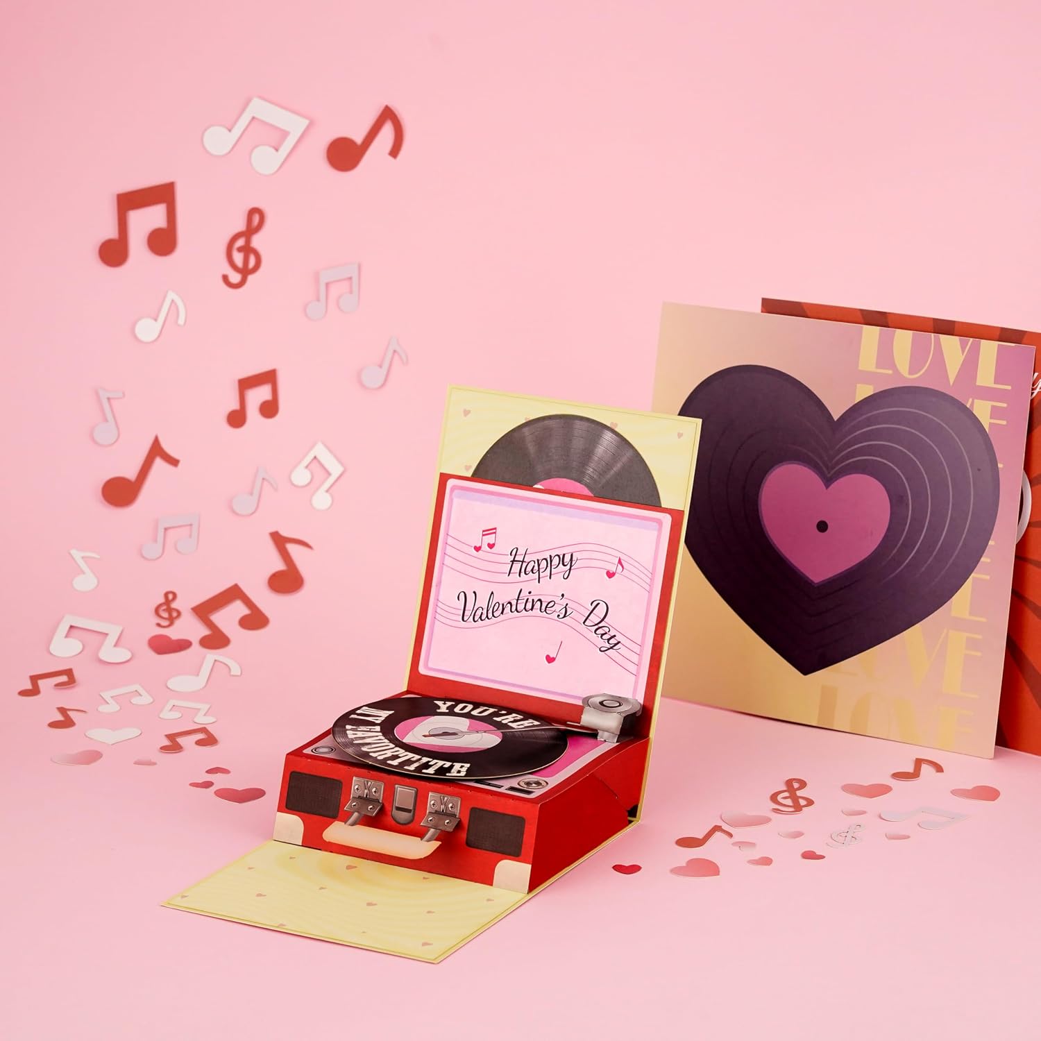 POPWOW Record Player Valentine Pop Up Card, Happy Valentine's Day, Vinyl, 3D Popup Greeting Cards, Gifts for Wife, Husband, Lovers, Boyfriend, Girlfriend, 5x7 - Includes Envelope And Message Note image 5