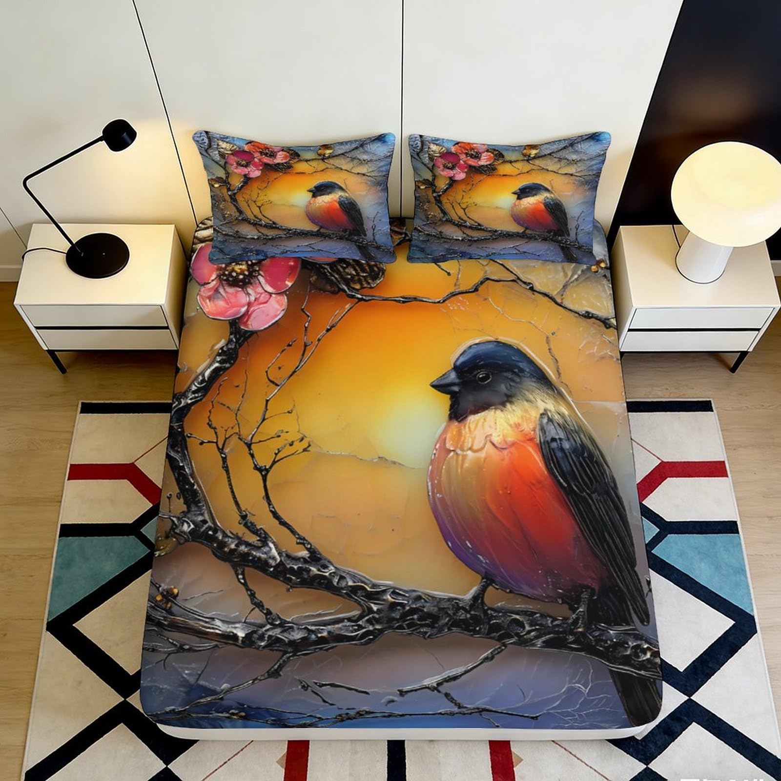 3D Printed Autumn Bird Fitted Sheet Microfiber Soft Durable Sunset Branch Bed Cover for Bedroom Dormitory Guest Room Mattress Protection Decor 180x200x25cm