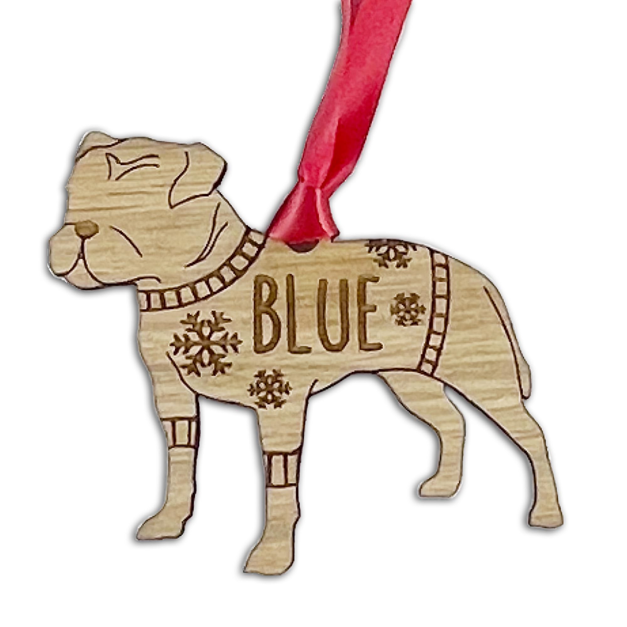 Personalised Staffy Dog Christmas Tree Bauble, Jumper with Snowflakes Design, Oak Veneer Wood or White Wood Decoration with Red Ribbon (Oak Veneer, Decoration Only)