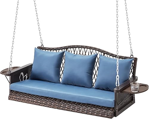 Columpio colgante de mimbre mejorado para porche, resistente de 900 libras, 3 asientos, para patio, para adultos, con cadenas colgantes de 8.9 pies,