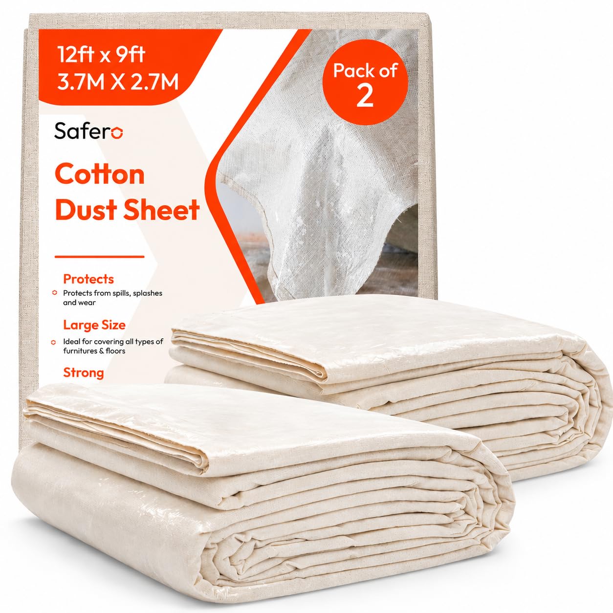 Lot de 2 draps anti-poussière en coton laminé pour décoration – Dos en feuille de poussière en sergé de coton avec feuille en plastique – Taille : 3,7 x 2,7 m – pour peinture, sol, escaliers
