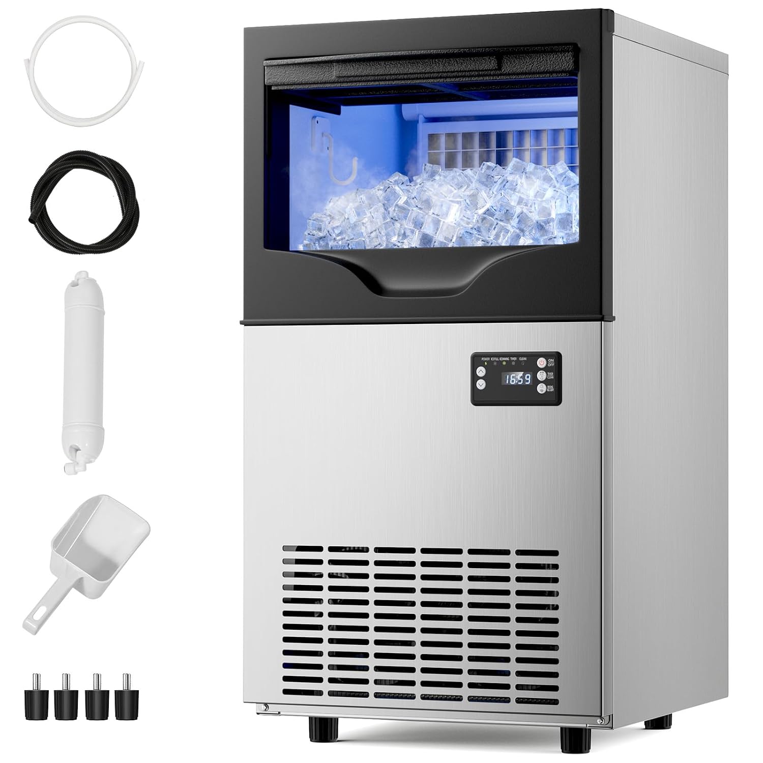 Ice Maker Commercial 200Lbs/24H, Commercial Ice Machine 50 LBS Storage Bin, 55 Ice Cubes in 8-12 Mins Under Counter Ice Maker Machine for Bar, Coffee Shop, Thicknesses Adjustable