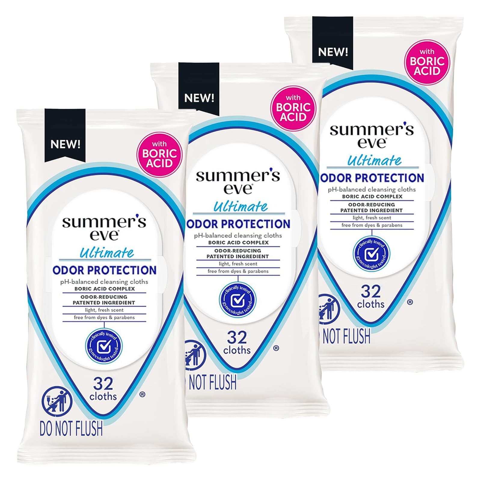 Summer's Eve Ultimate Odor Protection Daily Feminine Wipes, Gentle pH-Balanced Formula with Boric Acid Cleanses &amp; Removes Vaginal Odor, Resealable Pack, 32 Body Wipes (Pack of 3)