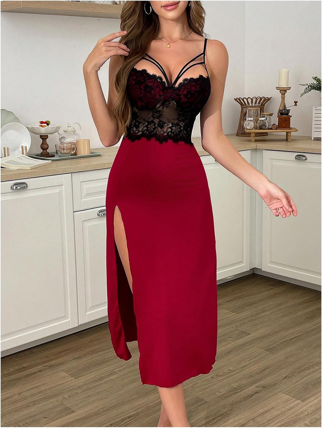 SHENHE Women's Lace Lingerie Dress Sleeveless High Slit Long Nightgown Chemise Nightdress