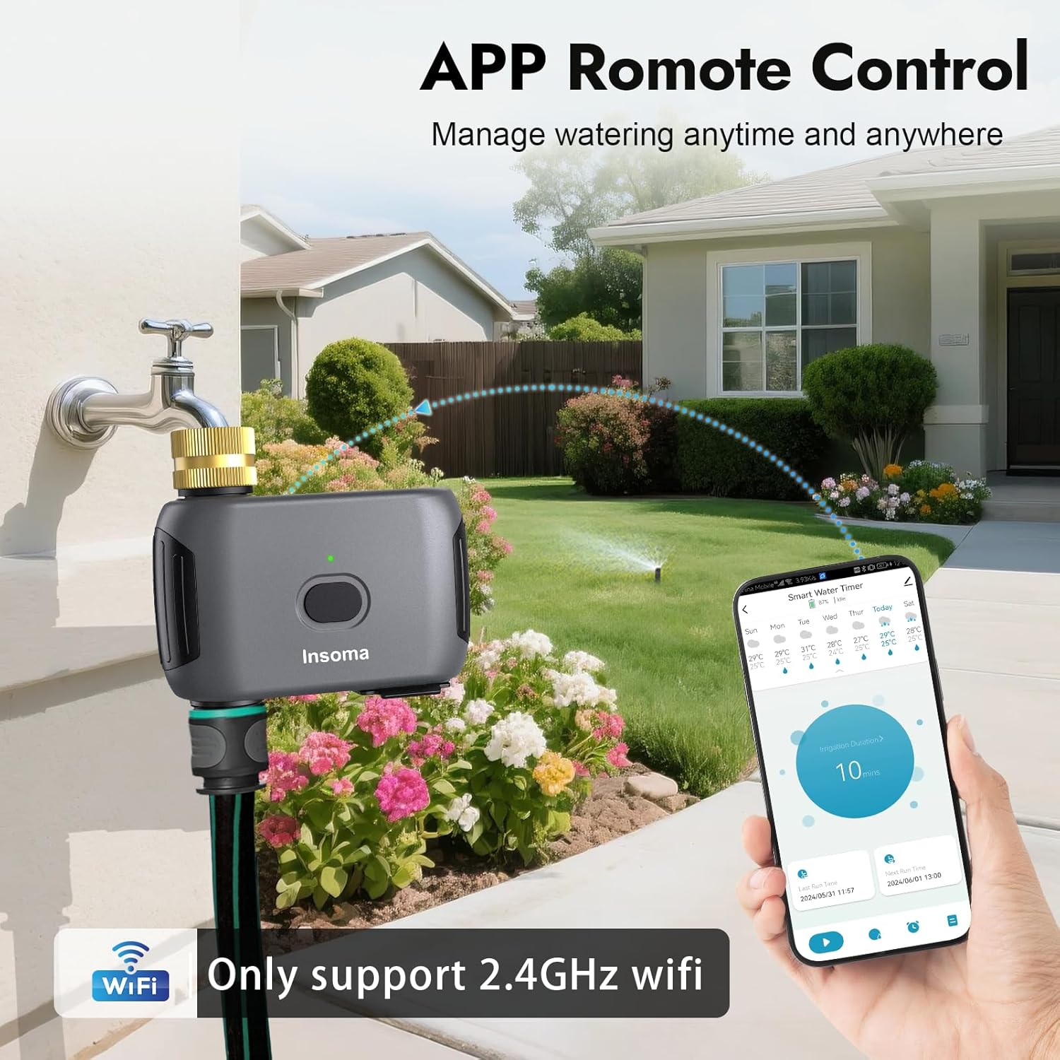 Insoma WiFi Water Timer connected to a garden hose and faucet, with a smartphone displaying the control app.