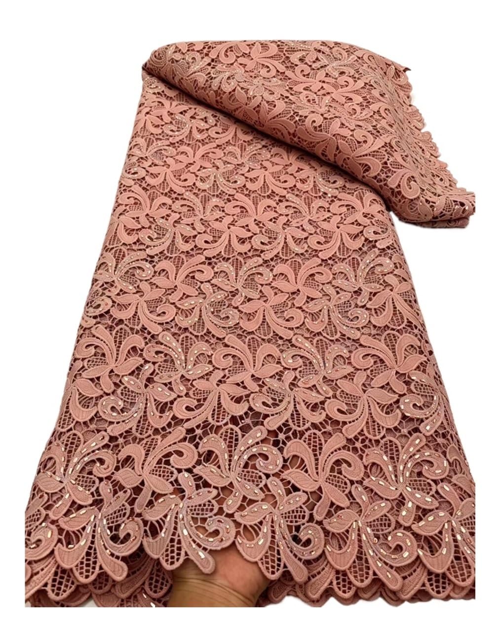 Tela de encaje guipur con recorte barroco y diamantes imitación, 5 yardas | tela de encaje cortada a medida, tela de 47 pulgadas de ancho, costura de ropa floral arabesca(Pink3)