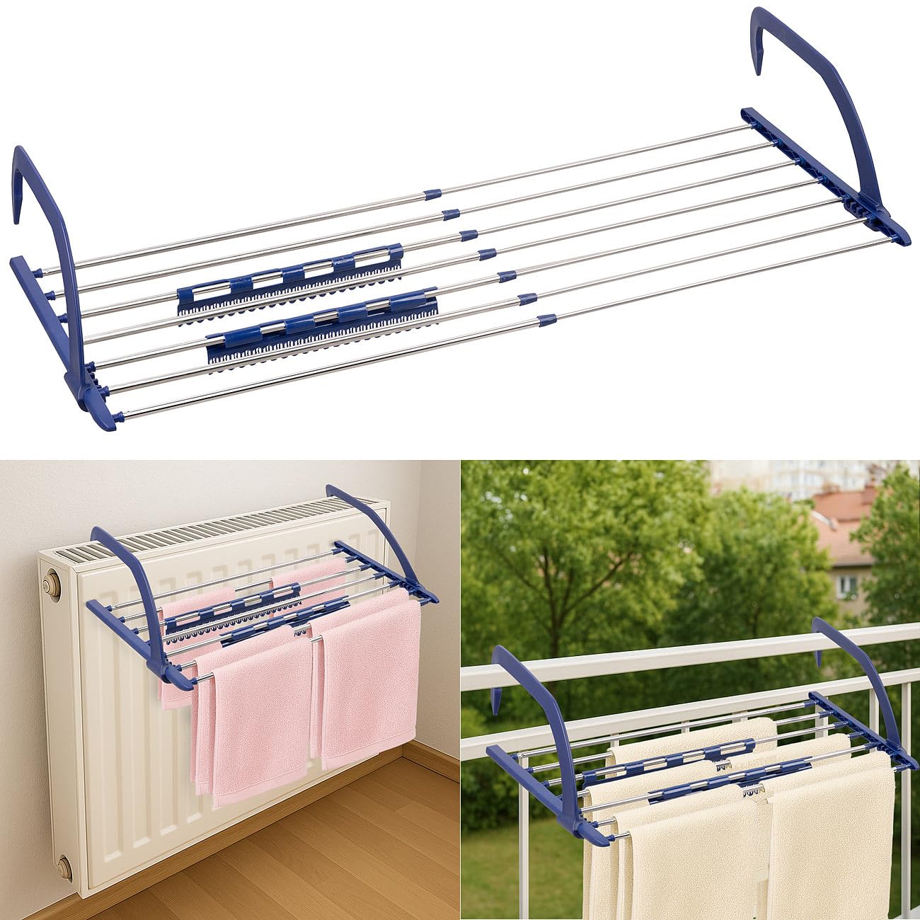 PEARL asciugatrice da balcone: Asciugabiancheria telescopico premium, estensibile, per radiatori e ringhiere di balconi (stendibiancheria da balcone estensibile, stendibiancheria per radiatore)