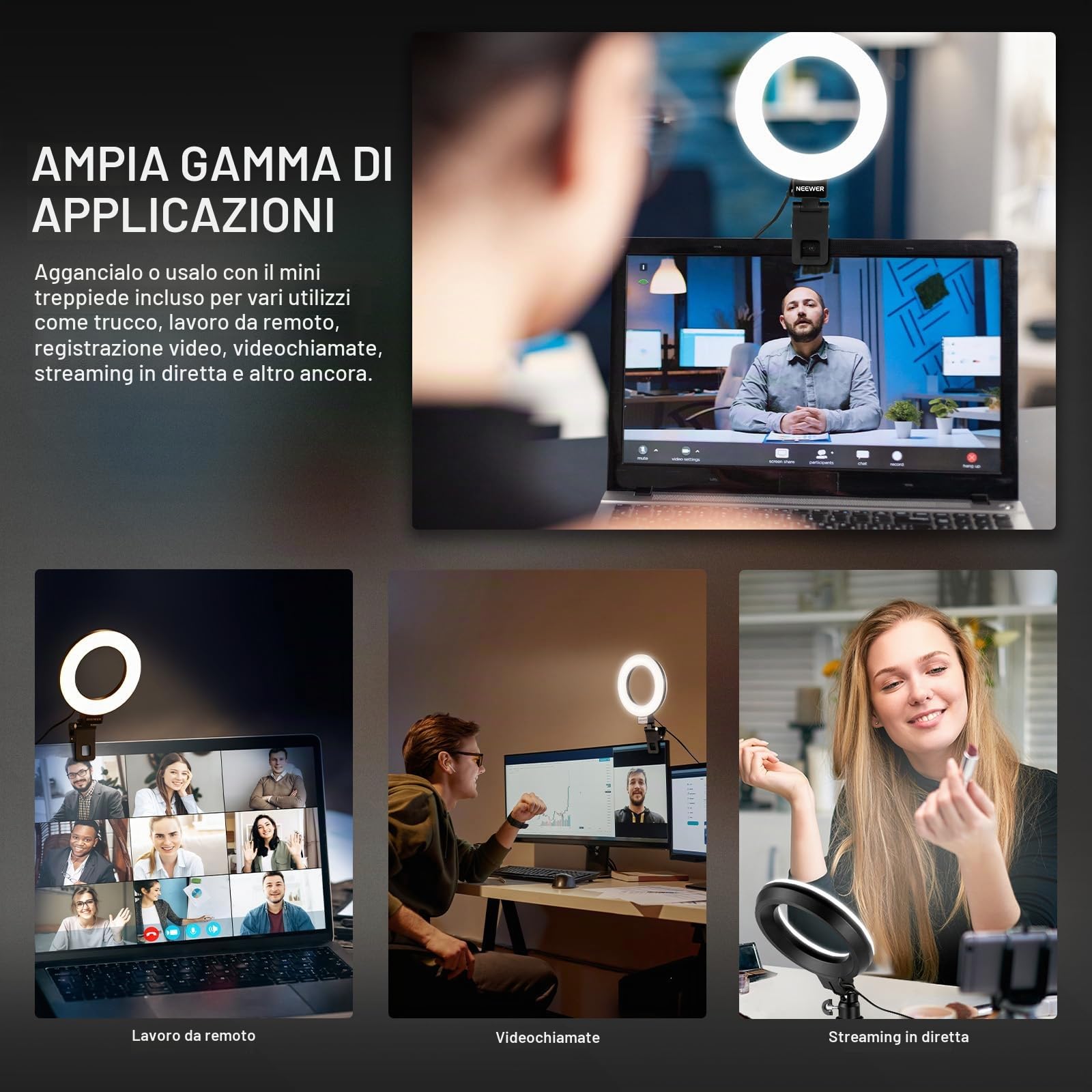 NEEWER BASICS Ring Light 5" per Video Conferenza, Kit Luce a Clip con Treppiede Tavolo (2pz) per Monitor Laptop Computer Chiamate Zoom Streaming Live Lavoro a Distanza Studio Registrazione Video, BR60