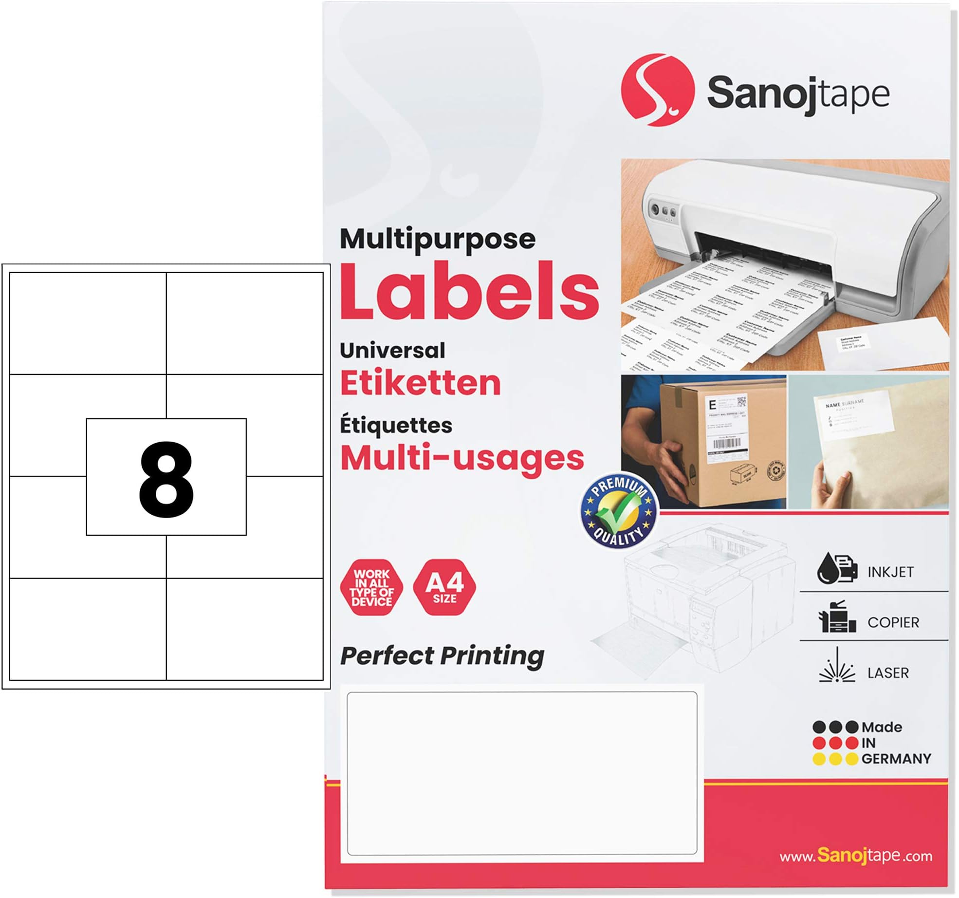 Universal A4 White Paper Labels | 97 x 67,7 mm – 800 Labels | 8 Labels per A4 Sheet | Permanent Adhesive for Mailings, Boxes | 800 Labels – 100 Sheets by Sanojtape