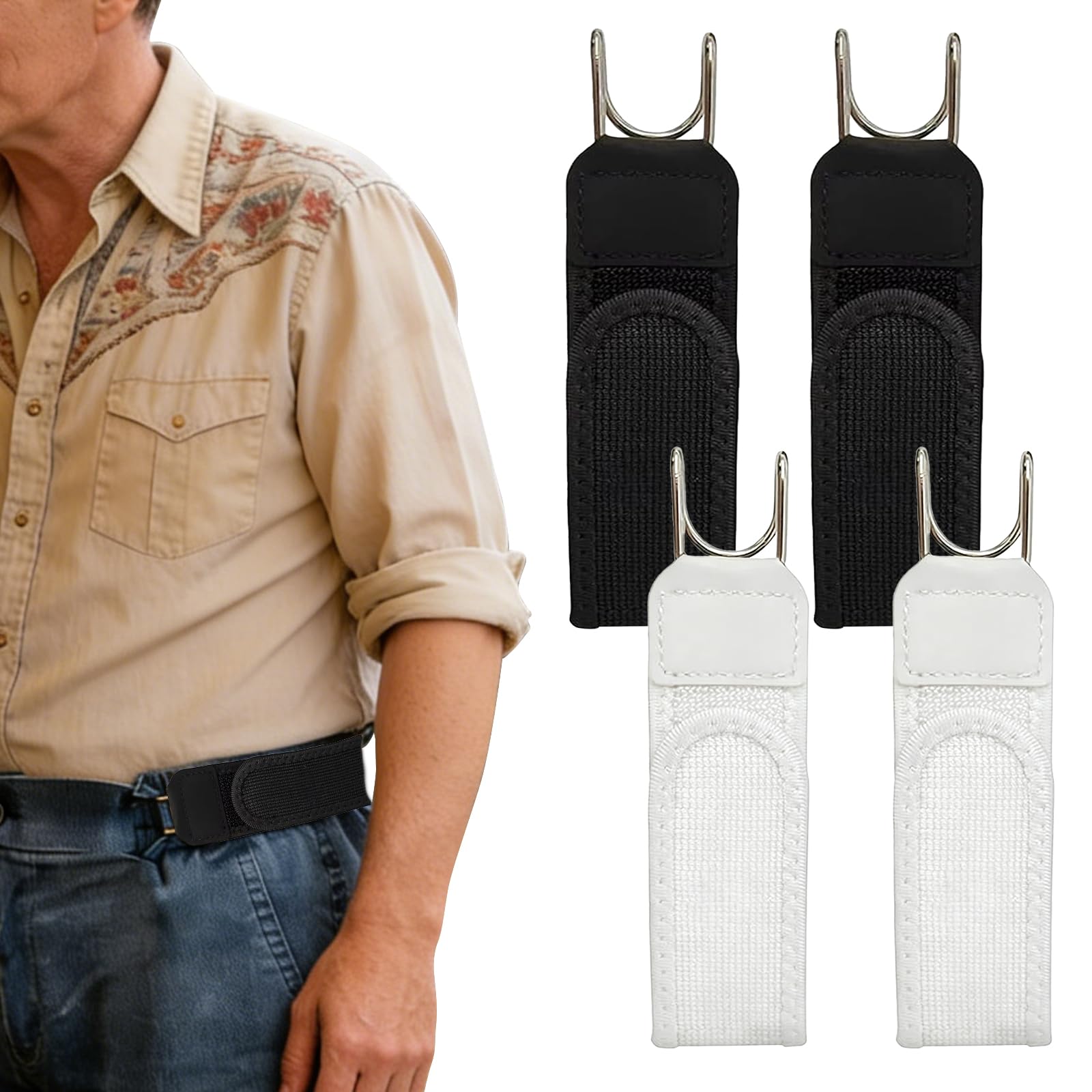 Amoturuxient Unisex Black+White 4 Pcs No Buckle Belts For Men Women, Adjustable Stretch Velcro Waist Belt, Side Fastening For Jeans, Trousers, Work, Casual & Outdoor Use (Black+White)