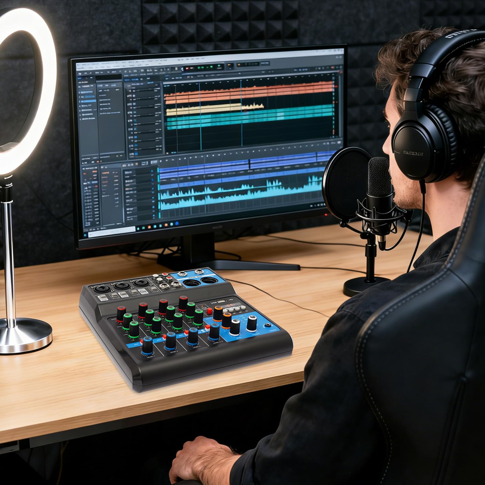 Mezclador Audio,Consola de mezcla de 5 canales,Mezclador bluetooth,Ranura USB,48V Phantom Power Control de sonido Multi Entradas,Para Podcasting,Live Performance Recording,DJ