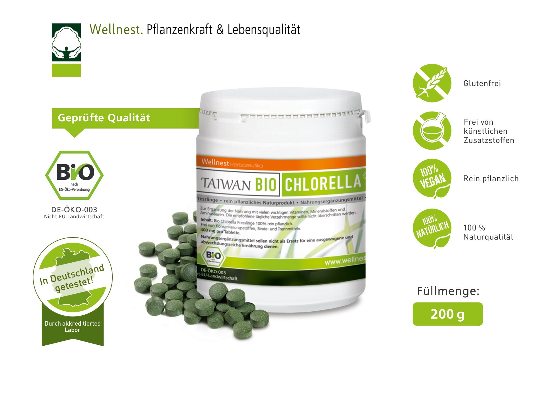 Bio Taiwan Chlorella 200 g | Detox Superfood vegan | Algen reich an Mineralstoffen, Vitaminen und Spurenelementen | 500 Presslinge á 400 mg | Rückstandsgeprüft in deutschem Labor
