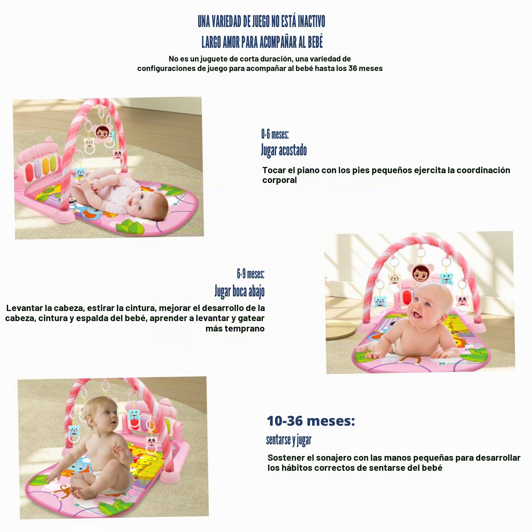 Centro de actividades para bebés con música y luz, divertido tapete de juegos para bebés seguro y extraíble con sonajero colgante tabla ajustable para recién nacidos niños pequeños, sin batería