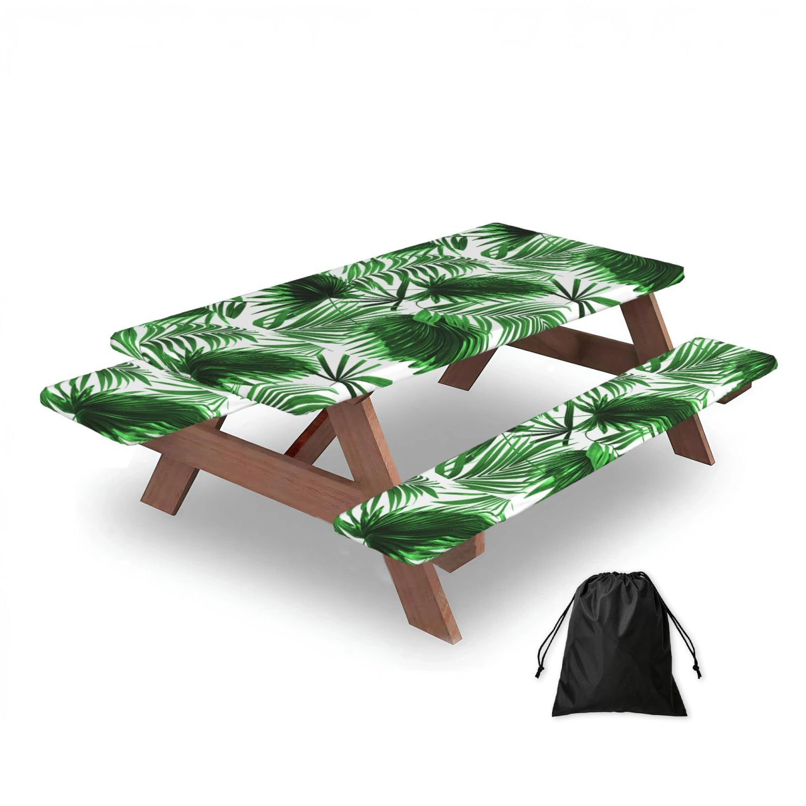 Dopklna As Picture Palm Leaf Print, Picnic Table Cover With Bench Covers -Waterproof Elastic Fitted Tablecloth For Garden Camping Patio 76X152cm