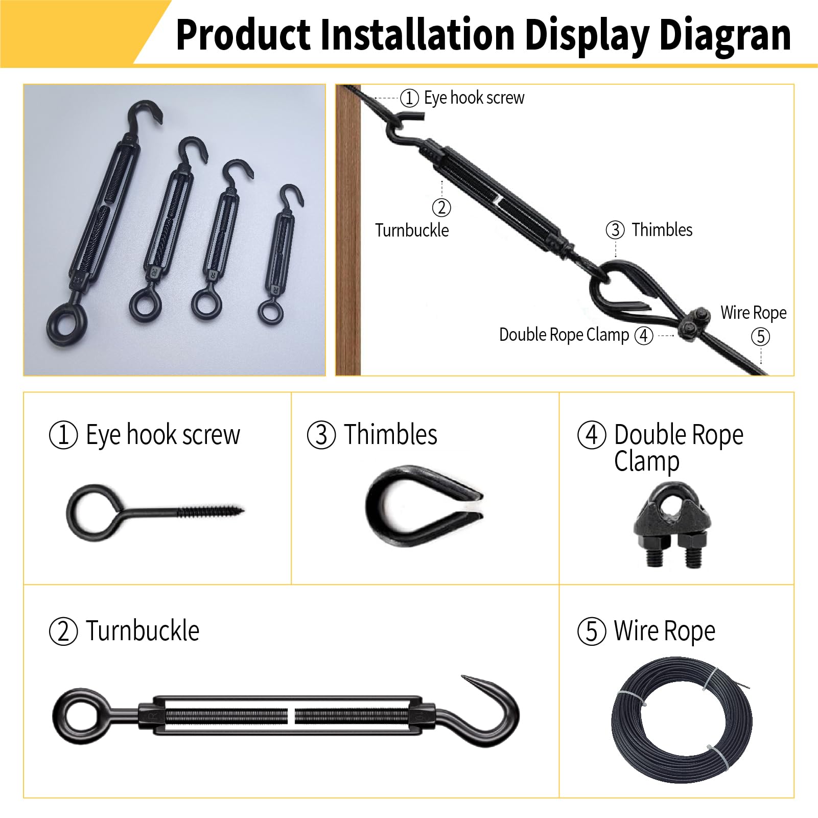 5 Pack Stainless Steel M6 Hook And Eye Turnbuckle, Heavy Duty Wire Rope Tensioner, Adjustable Hardware Kit For DIY String Light And Picture Hanging, Shade Sail, Cable Tightening - View #2