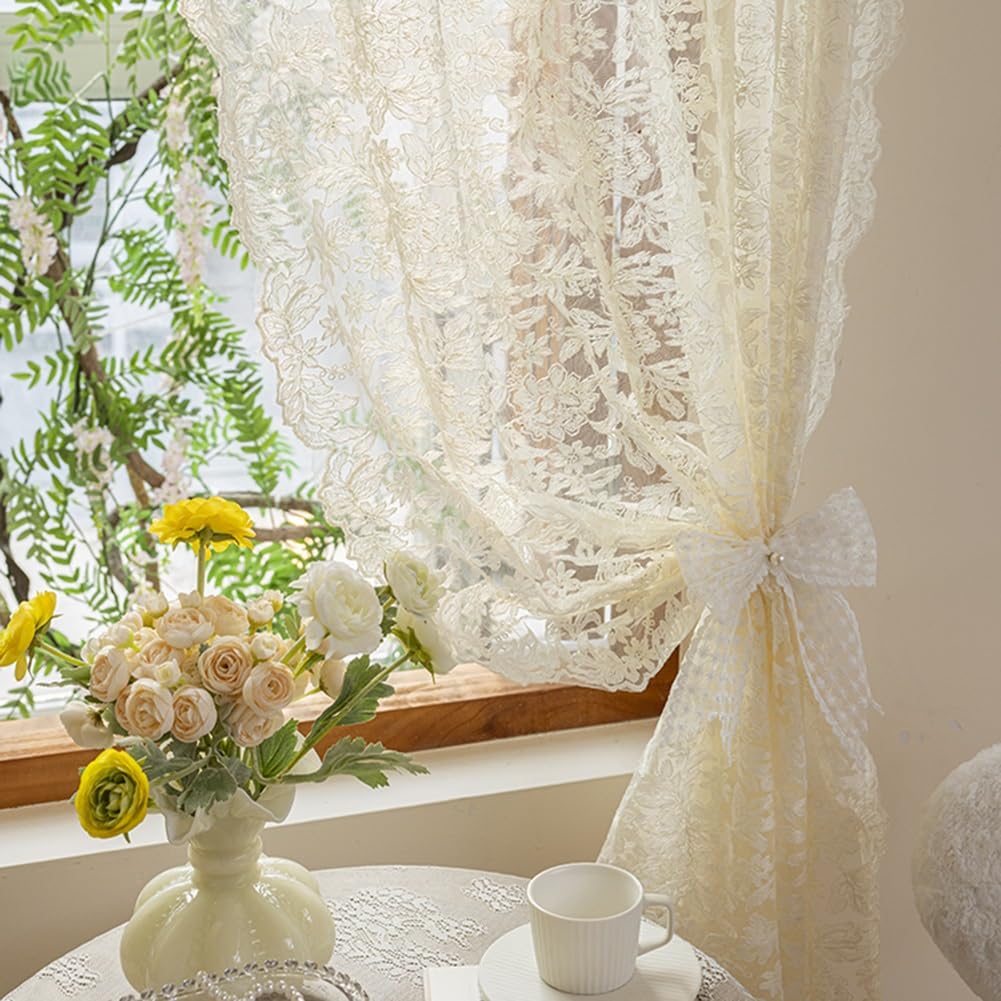 Rideaux en Dentelle Florale au Crochet en Coton, Rideaux en Voile Transparent À Passe-tringle Français, pour Salon, Chambre À Coucher, Balcon(Size:W125xH150cm/49x59in)