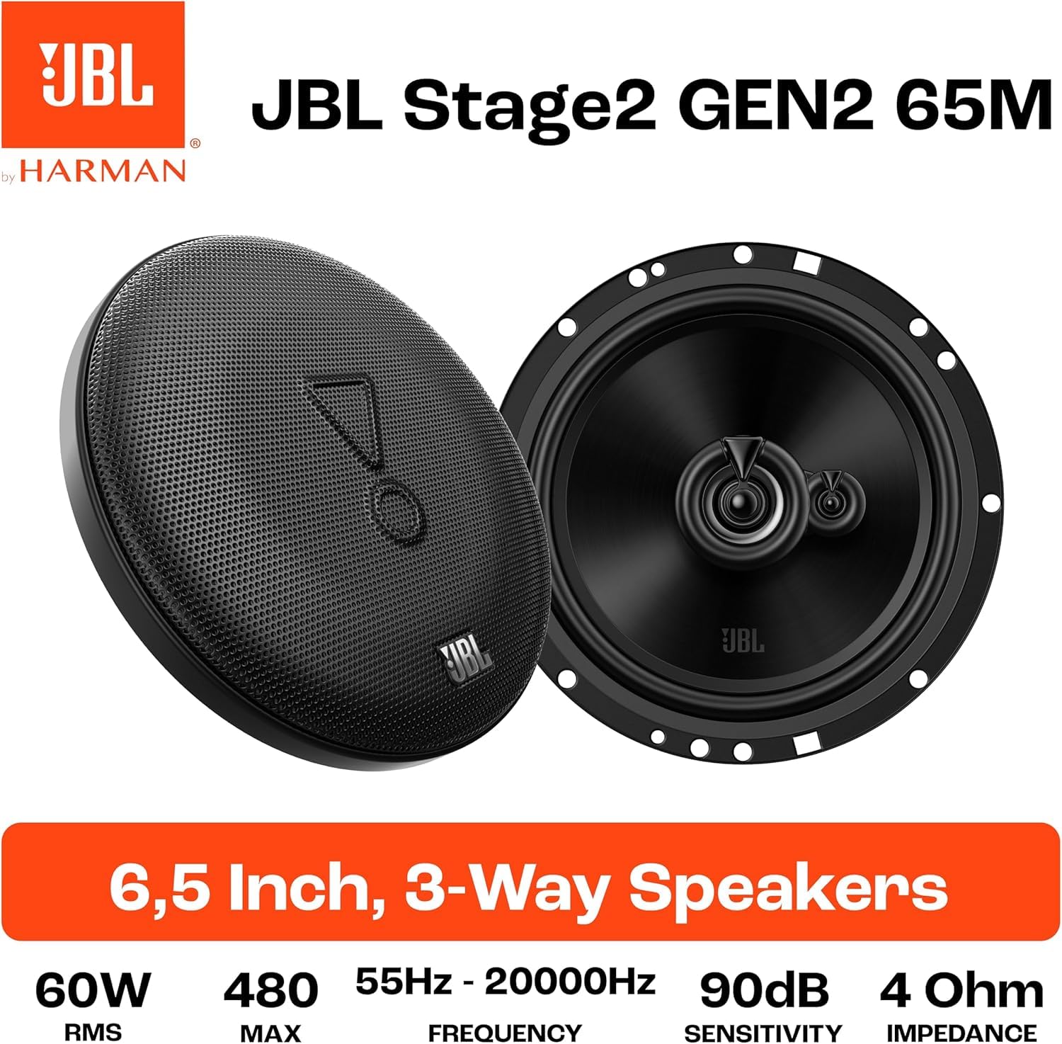 JBL Stage2 GEN2 65M - 6,5 cala (165 mm) 3-drożne głośniki samochodowe - 60 W RMS - szczyt 240 W - konfiguracja potrójnego sterownika - OEM Fit Audio - z kratkami - łatwa instalacja - para