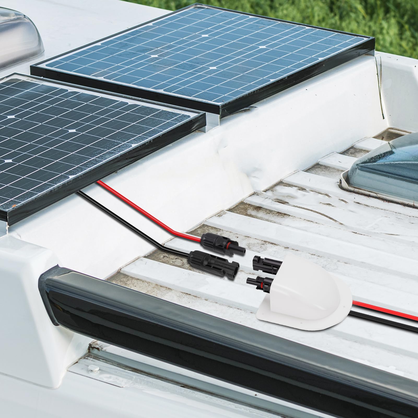 Solar Doppel Kabeldurchführung, Dachdurchführung Solar Wasserdicht mit ABS Gehäuse, 10Ft 10AWG Solar Verlängerungskabel, Solarmodule Kabelverbinder für Wohnmobile Boote Fahrzeuge, Weiß