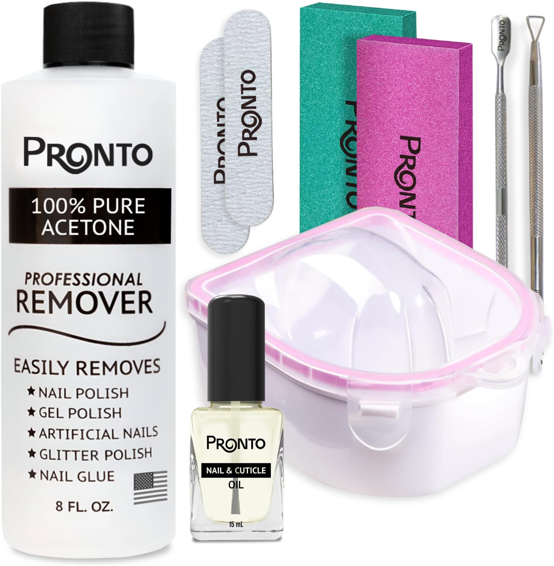 Gel Nail Polish Remover Kit – 8 Oz Pure Acetone 100 Percent, Nail File, Nail Polish Soak Off Bowl, Cuticle Oil for Nail Care + Manicure Set with Nail Buffer Block, Cuticle Pusher & Nail scraper