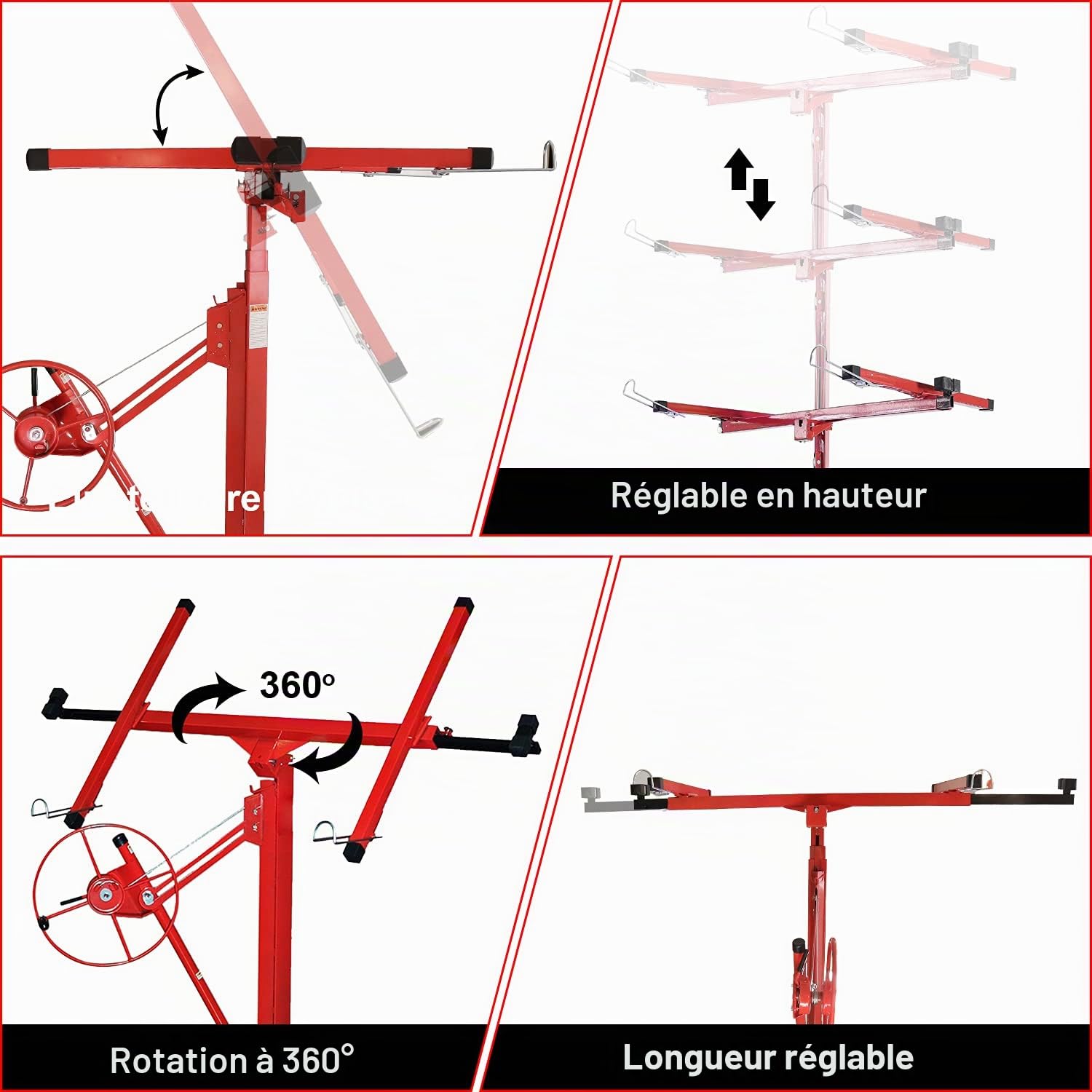 Fiqops Lève-plaque XXL jusqu'à 68 kg maximum pour plaques de plâtre de 140 à 350 cm - Hauteur de travail réglable en hauteur - Largeur du bras de charge maximale : 290 cm - Rouge