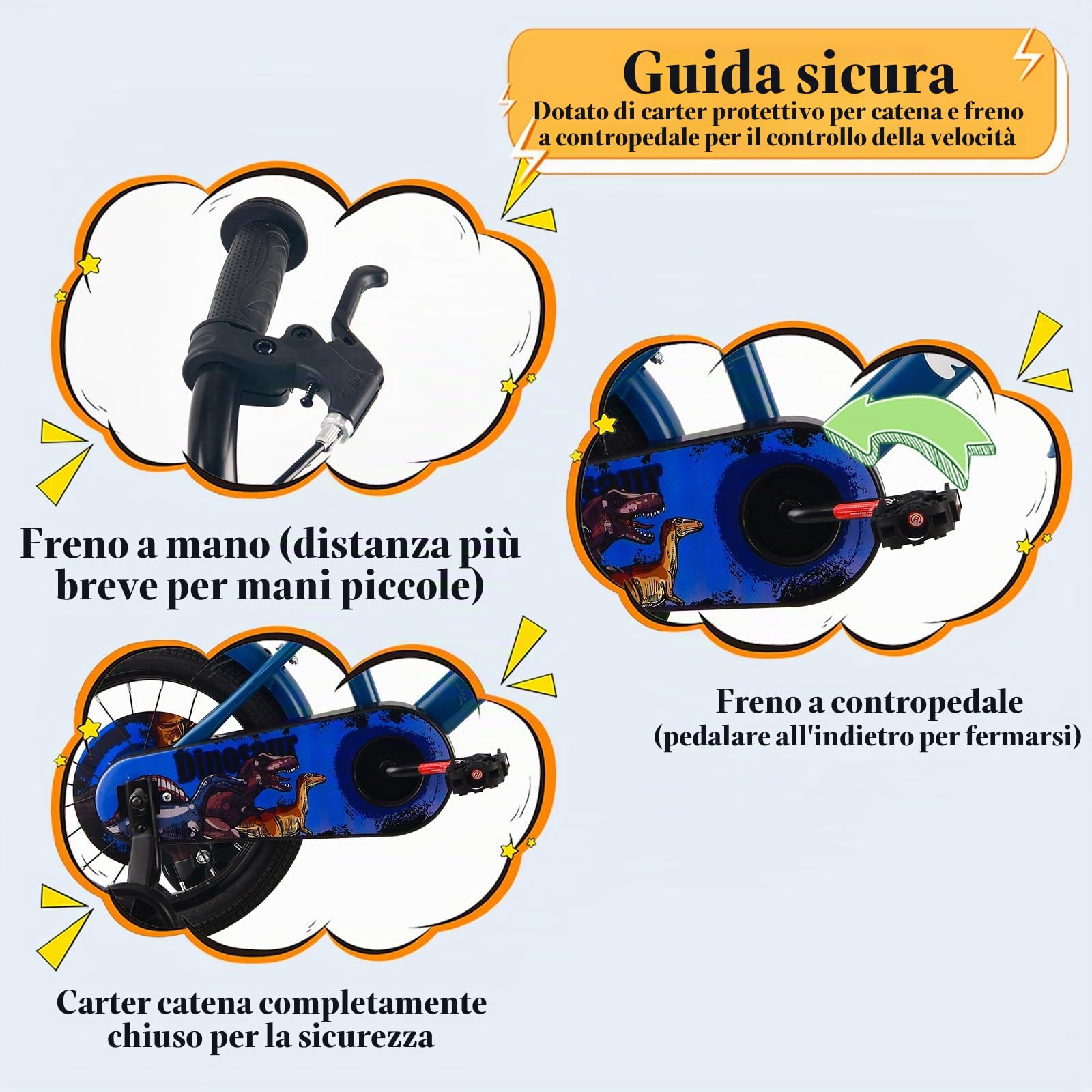 RULLY Dinosaur Bicicletta per Bambino 12, 14, 16 Pollici per Età 2-7 Anni, Stile BMX con Rotelle, Bicicletta per Bambini Piccoli Disponibile in Vari Colori