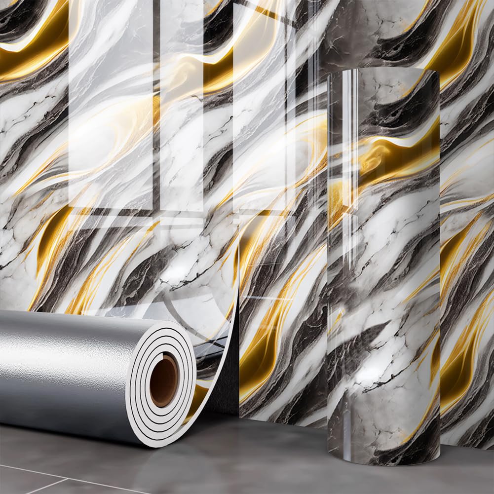 40x300cm Glossy Marble Peel and Stick Wallpaper,Waterproof Wall Sticker Waterproof Self-Adhesive Vinyl Wallpaper for Kitchen Bathroom Worktop (Grey)