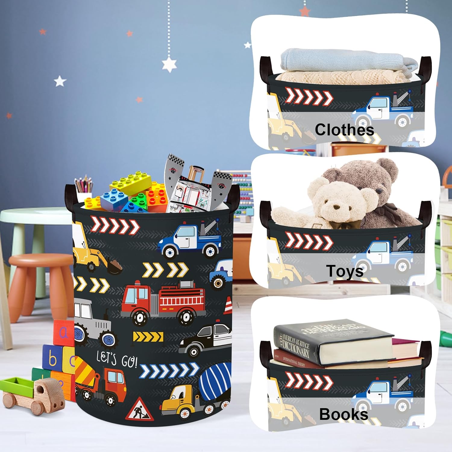 Clastyle City Car Baby Laundry Hamper Kid Storage Basket Boy Gift Toy Box Collapsible Clothes Organizer Nursery Bin for Bedroom,Fire Truck,36 * 45 cm