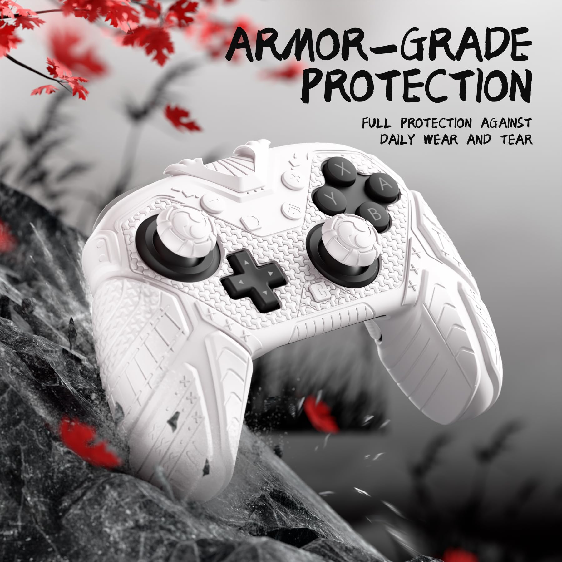 playvital for Nintendo Switch 2 Pro Controller Skin Cover – Samurai Armor Edition Silicone Case for Switch 2 Pro Controller with Back Button Caps & Thumb Grip & Sticker, Shockproof - White - 5