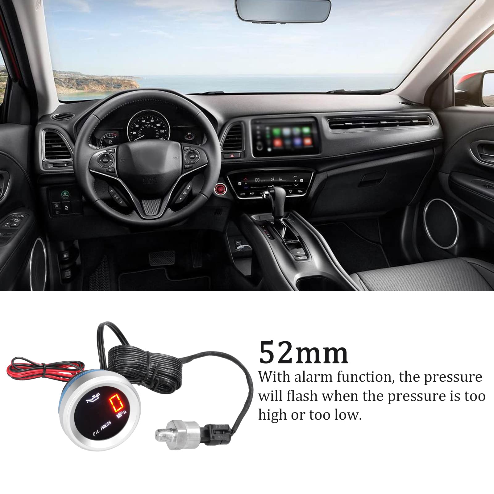 ACAGALA 52mm Öldruckanzeige Auto Digital Meter LED Display 9-35V mit 1/8NPT Sensor Alarmfunktion