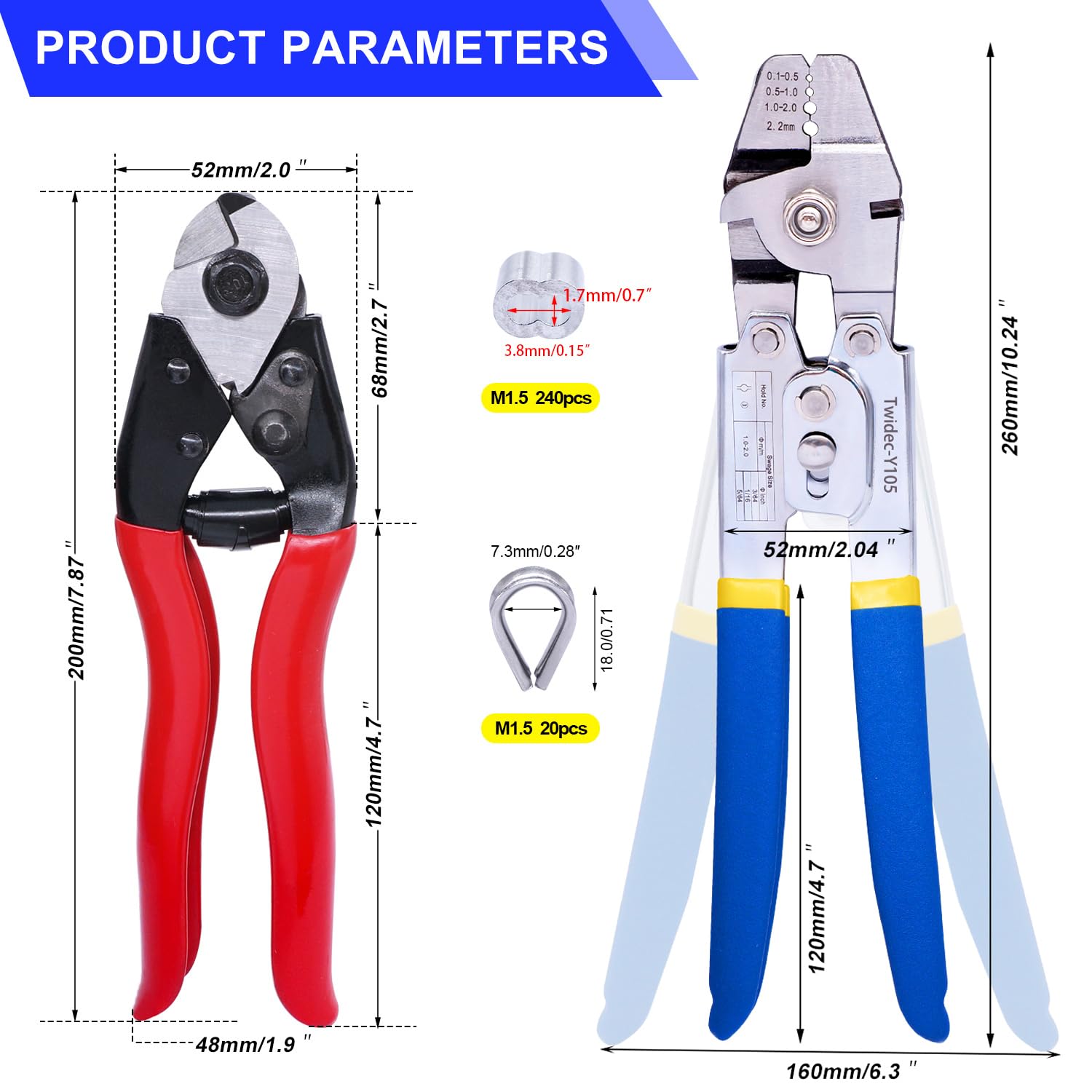 Wire Rope Crimping Tool Kit With 165FT Cable, 240 Sleeves & 20 Thimbles ...