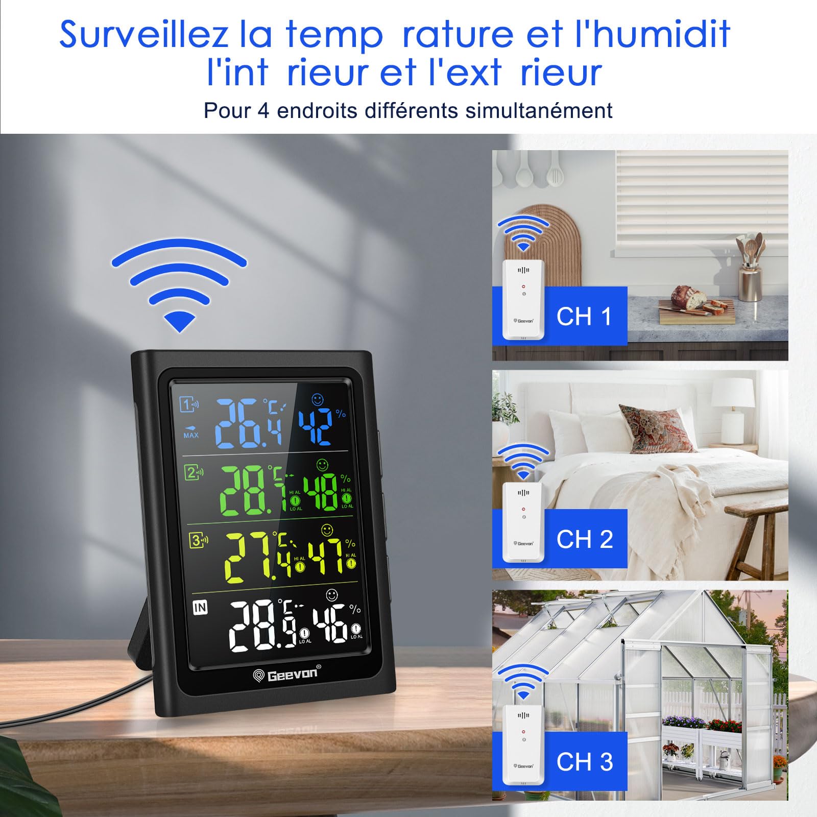 Geevon Thermomètre intérieur extérieur sans fil avec 3 capteurs à distance, hygromètre électronique, jauge de température avec portée de 60m Conditions sans obstruction