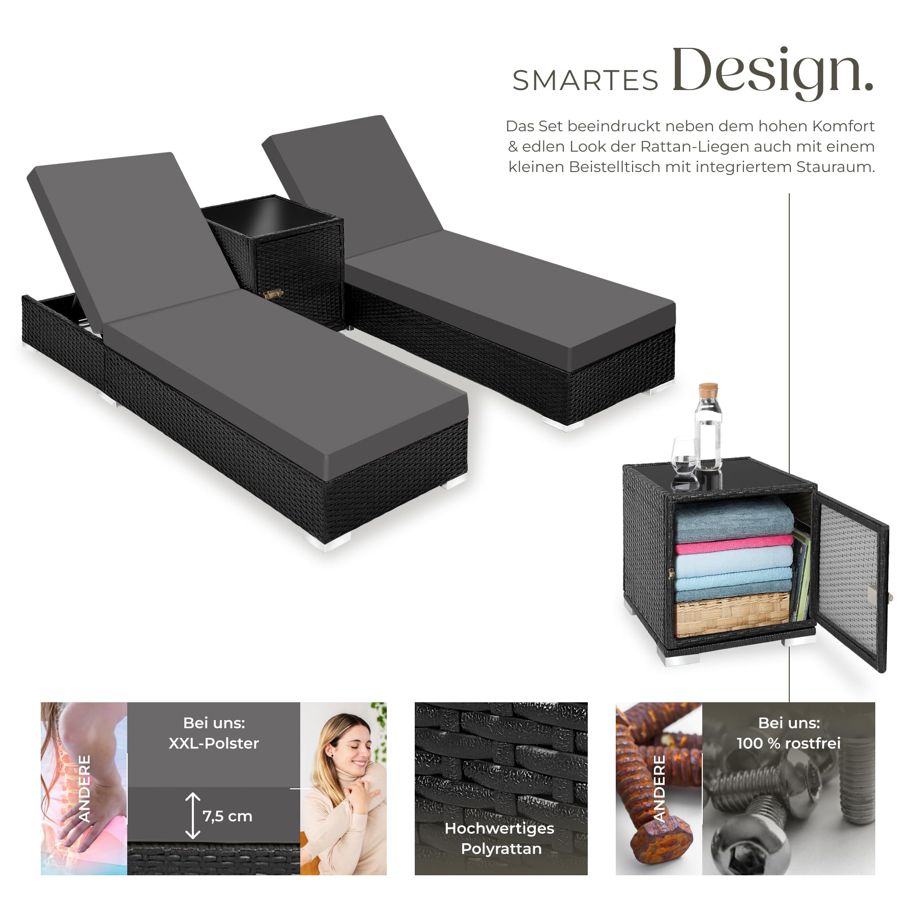 tectake® 2er Garten Lounge Sonnenliegen Set mit Tisch, Aluminium Gartenliege, Gartenlounge Outdoor, Relaxliege inkl. 2 Bezugsets und Schutzhülle, Outdoor Poly Rattan Gartenmöbel Set, 2er Set - schwarz