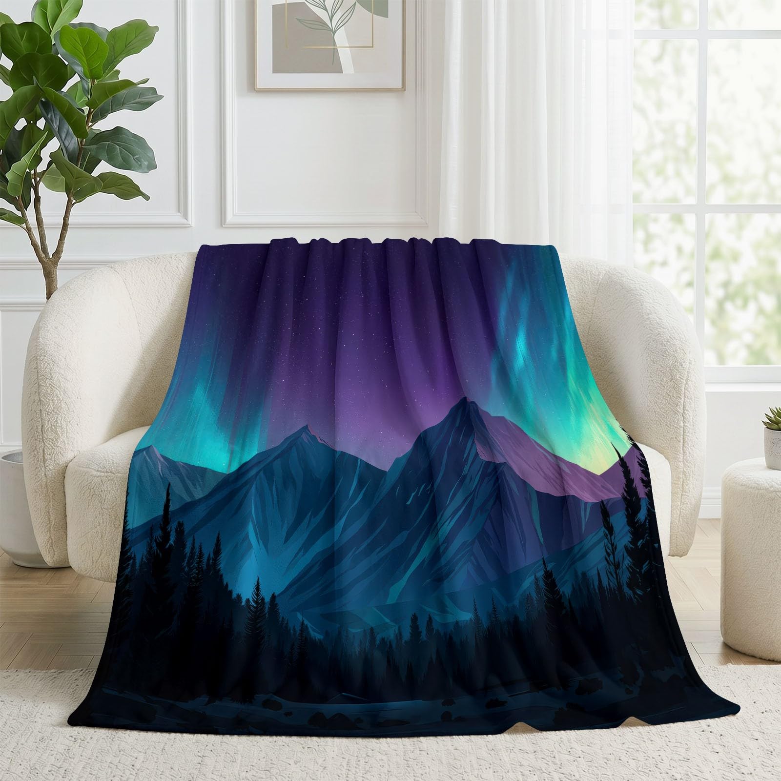 Manta de franela hipoalergénica que regula el calor con diseño de luces de montaña de nieve