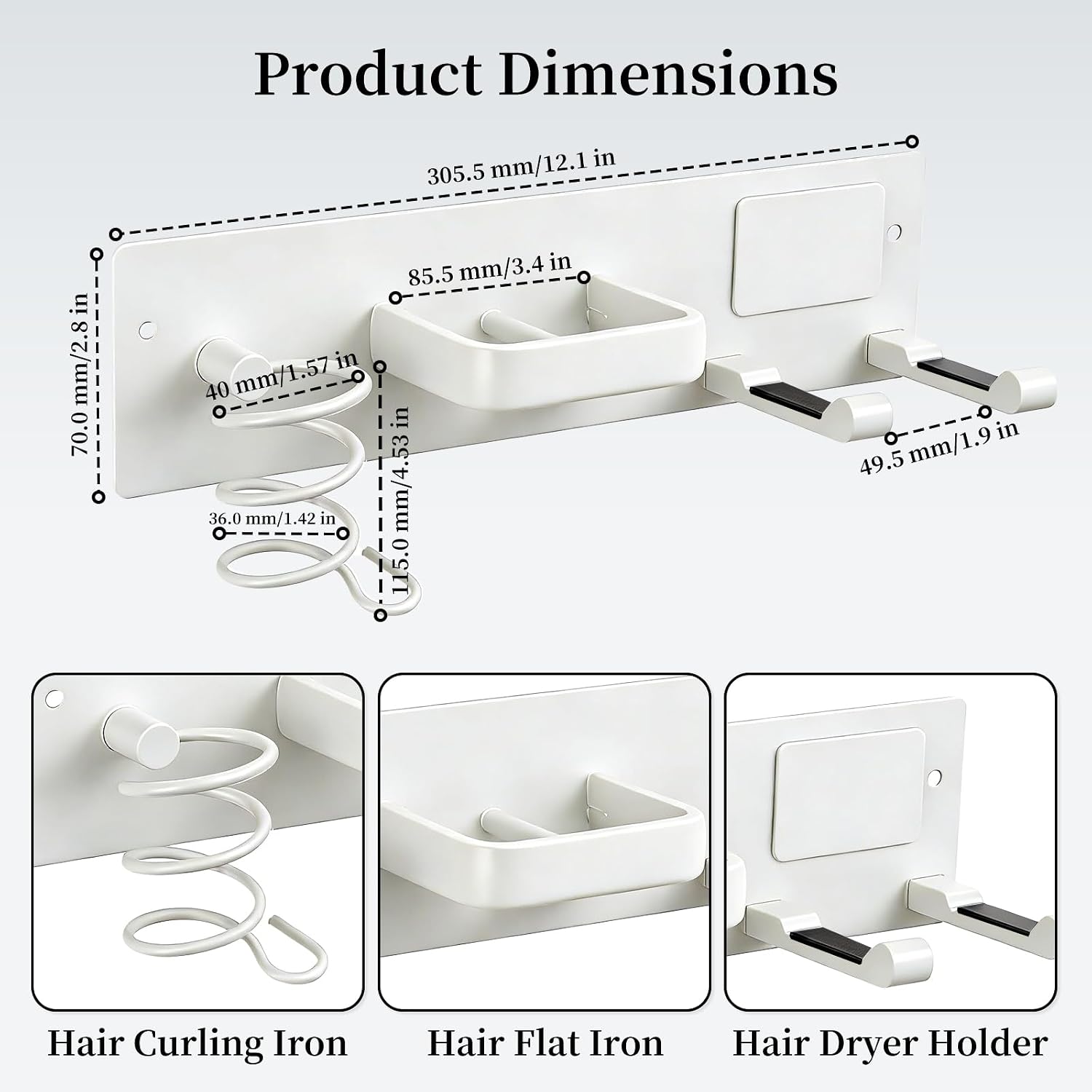 Hair Dryer Holder Wall Mounted Curling Iron Holder Flat Iron Blow Dryer Holder 3 in 1 Hair Tool Organizer Rack for Bathroom (White-B)