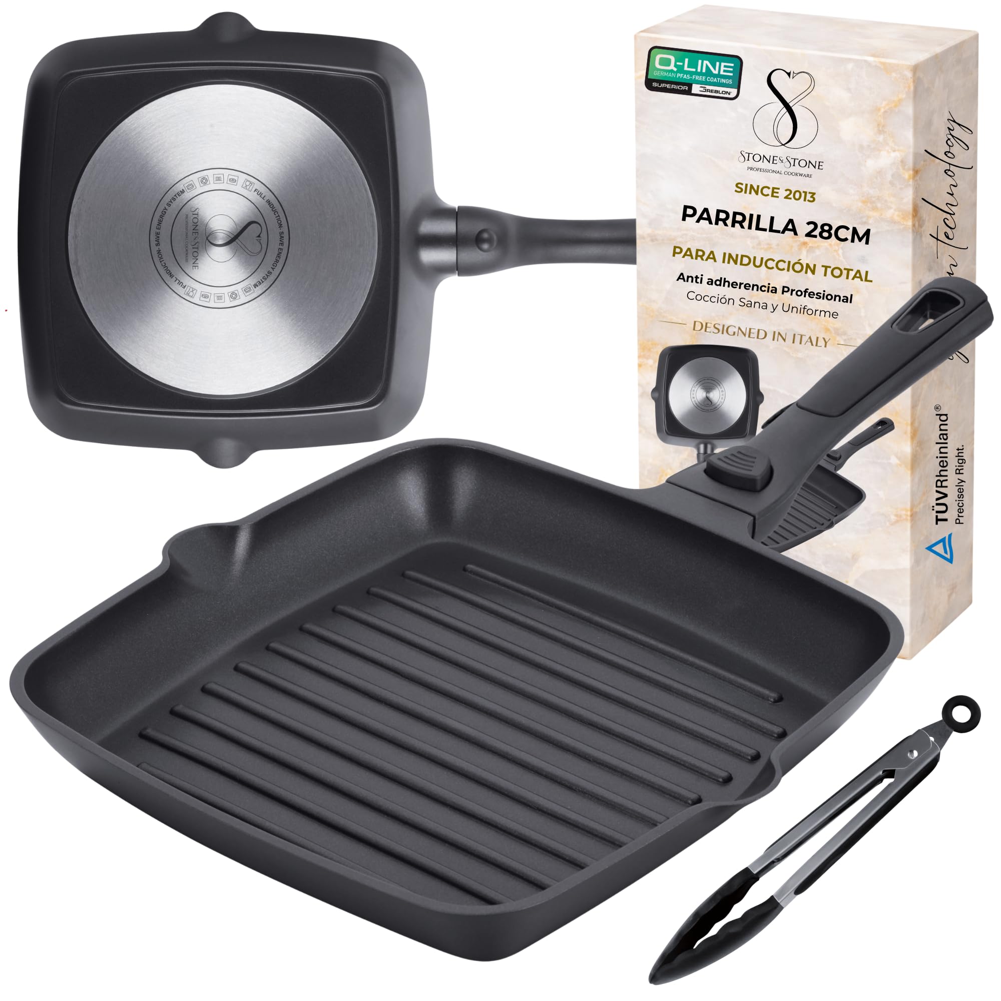 Stone&Stone Sartén Grill 28 cm Cuadrada Inducción Antiadherente con Mango Extraíble, Revestimiento Cerámico Alemán, Base de Acero Completo, Apta para Inducción, Gas y Horno, Sin PFAS, PFOA ni PTFE