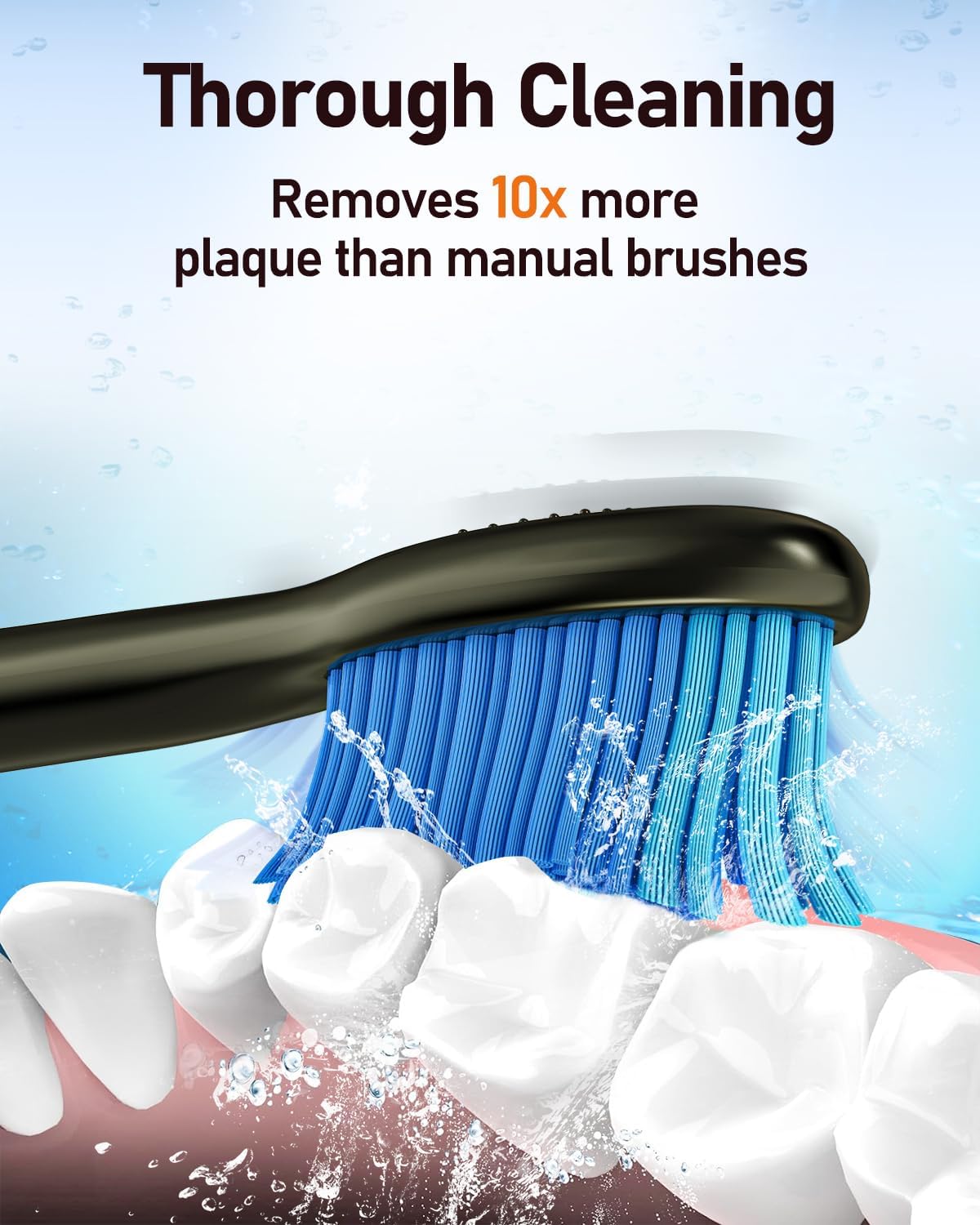 Close-up of a 7MAGIC D36 brush head cleaning teeth, illustrating thorough plaque removal.